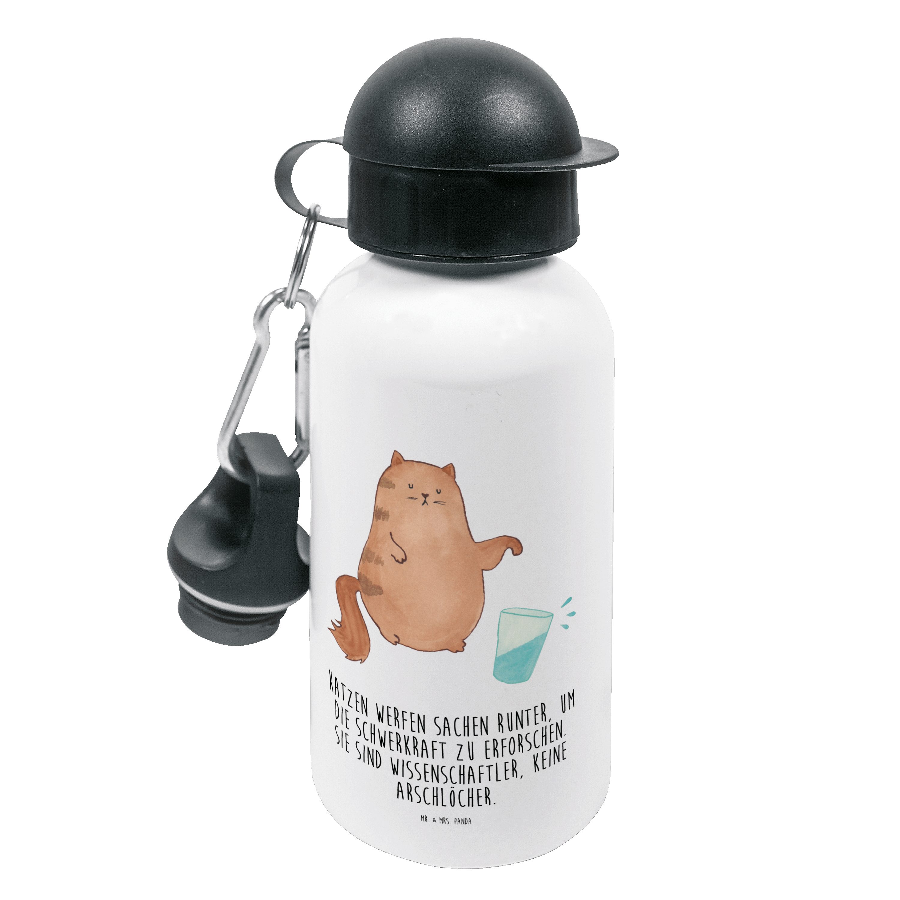 Mr. Katzenmot Katze & Mädchen, - Wasserglas Trinkflasche Weiß - Miau, Mrs. Panda Geschenk, lustig,