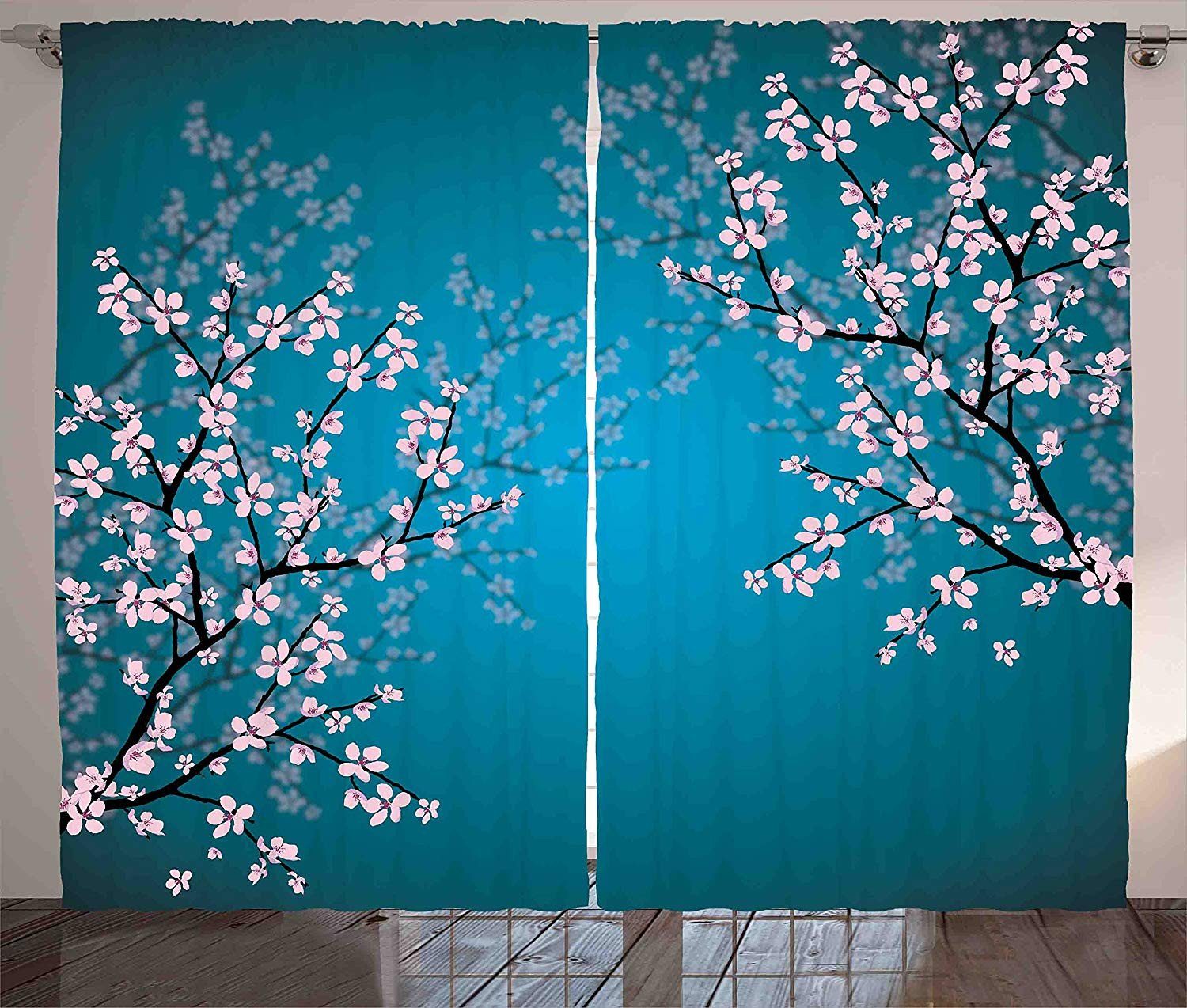 Gardine Schlafzimmer Kräuselband Vorhang mit Schlaufen und Haken, Abakuhaus, japanisch Sakura Bloom Muster