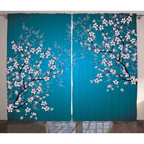 Gardine Schlafzimmer Kräuselband Vorhang mit Schlaufen und Haken, Abakuhaus, japanisch Sakura Bloom Muster