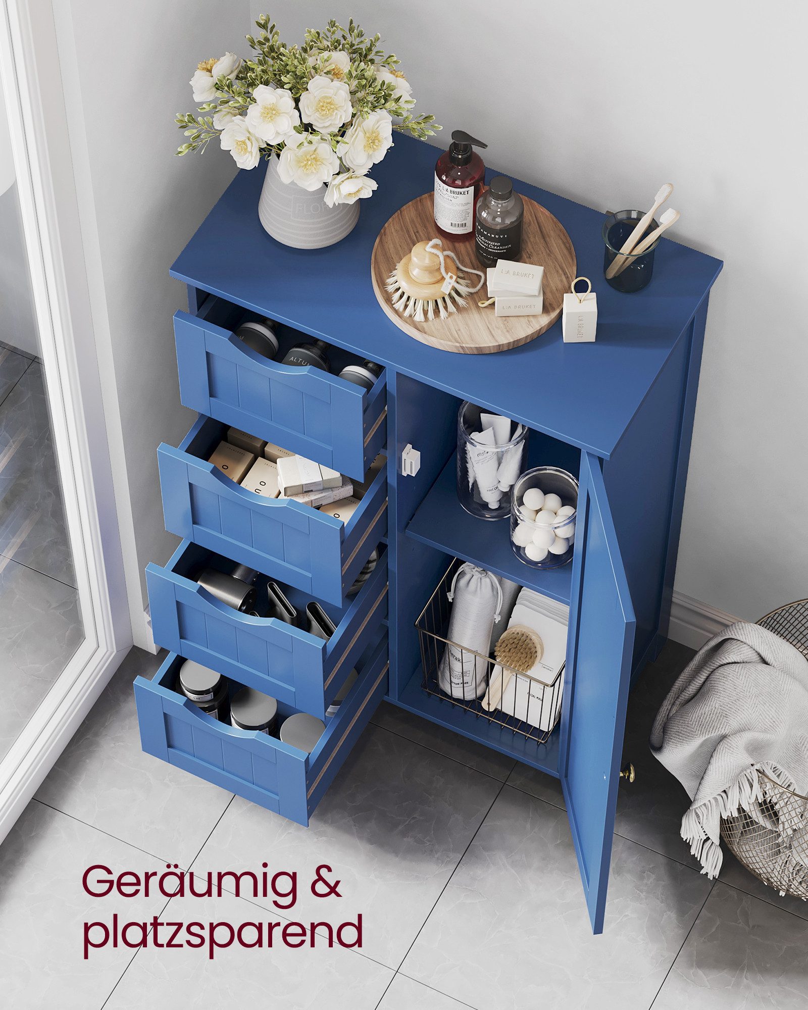 VASAGLE Badmöbel-Set Badezimmerschrank Badschrank Beistellschrank,verstellbare Ablage, mit 4 Schubladen, Schranktür,30 x 55 x 82 cm,Kommode – Bild 4 von 5