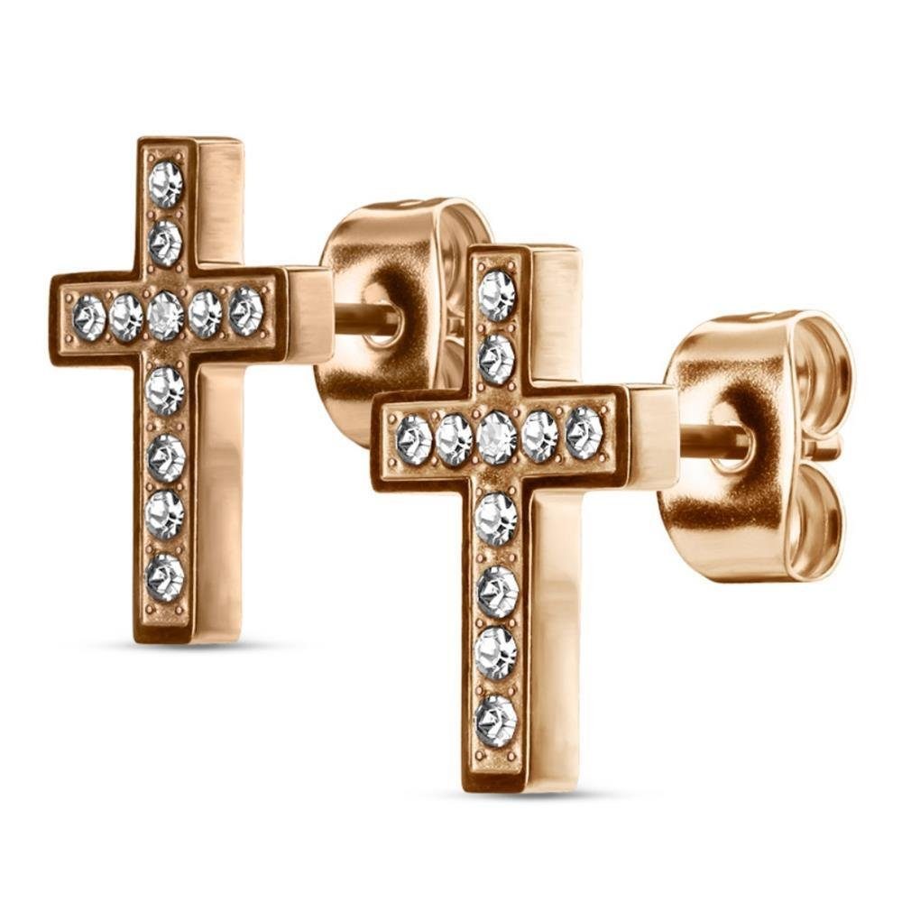 Ohrring-Set Rosegold - Ohrstecker Kreuz kristallbesetzt aus Edelstahl Damen