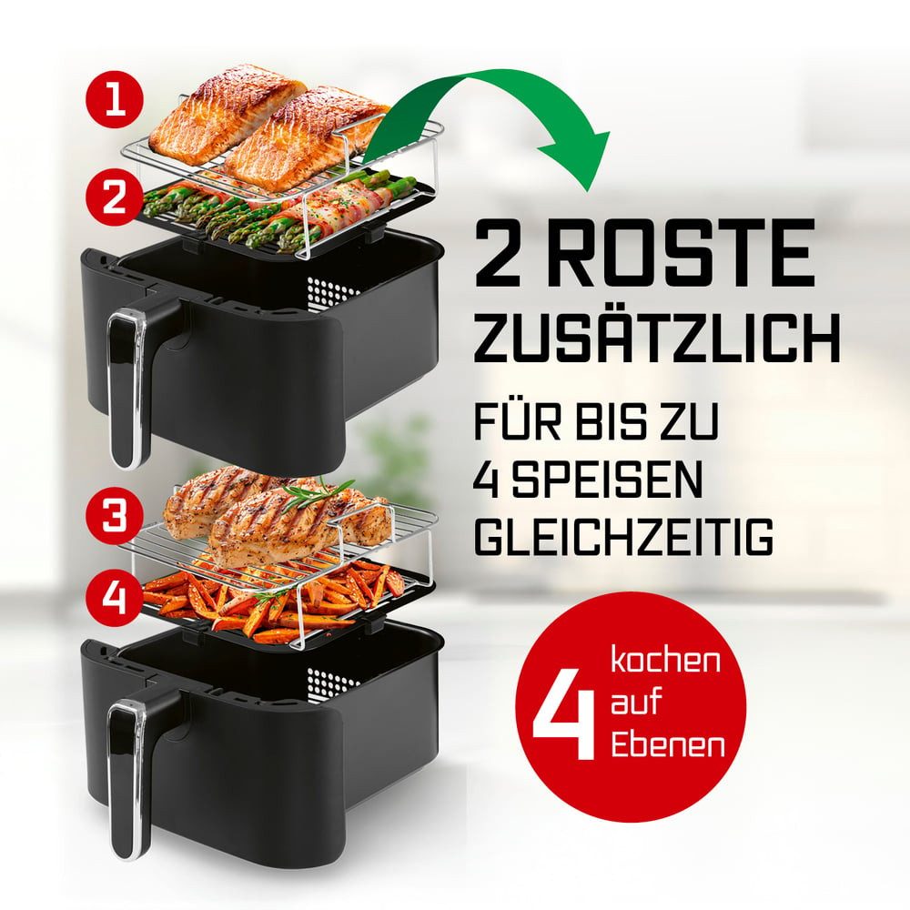 GOURMETmaxx Heißluftfritteuse FryUp Vertikaler Doppelkammer Airfryer 2x 5l, 2800 W, klappbares Touchdisplay, Fassungsvermögen 10 L,  inkl. Grillrost