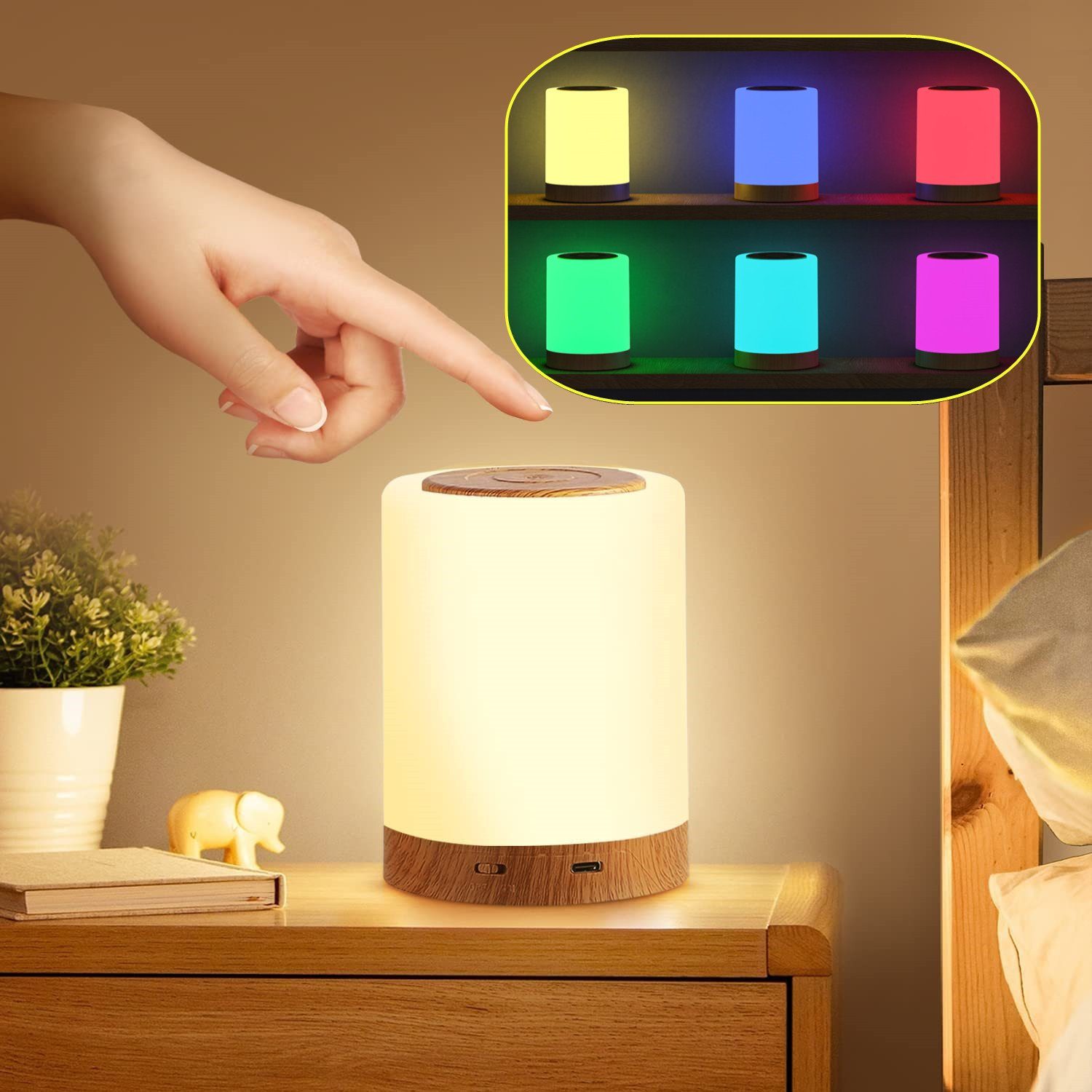 LETGOSPT LED Nachtlicht LED Nachttischlampe, USB Touch Dimmbar Tischlampe  für Schlafzimmer, LED fest integriert, Bunt, LED Nachttischlampe Touch  Dimmbar mit 13 Farben und 4 Helligkeit, Holzmaserung Nachtlicht USB  Aufladbar