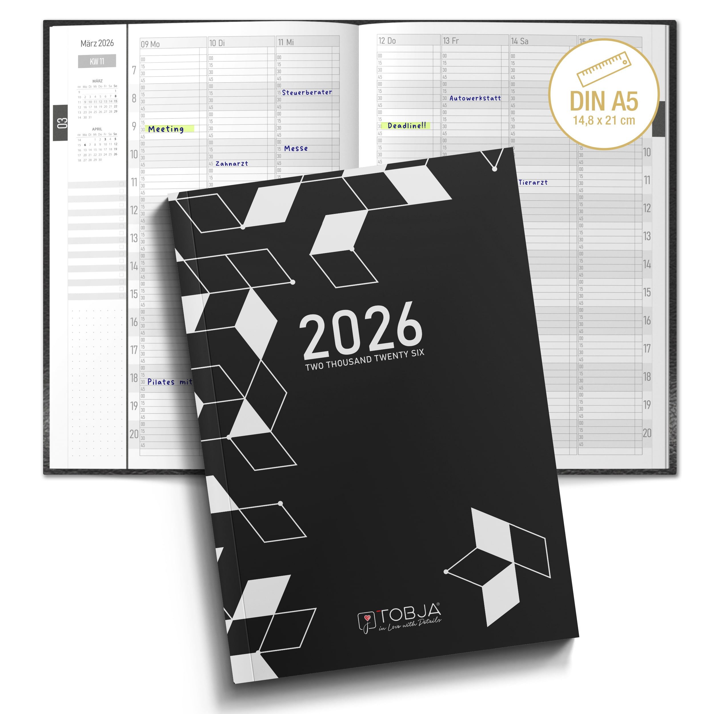 TOBJA Buchkalender Kalender 2026 A5 – Wochenplaner mit 15-Minuten-Taktung, Softcover, Taschenkalender Buchkalender Praxisplaner Reservierungsbuch