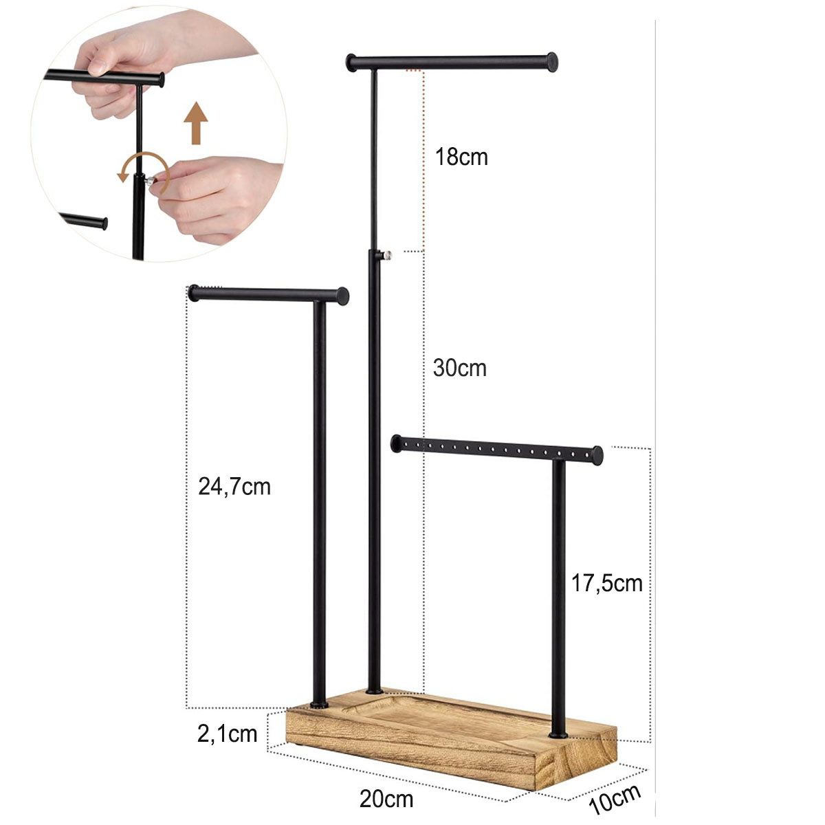 SURFOU Schmuckständer Schmuckständer 3 Ebenen Metall Holz Schmuck Organizer Verstellbar (Schmucktablett, Schmuckhalter, Schmuckaufbewahrung, ausziehbarer Ketten – Bild 4 von 5