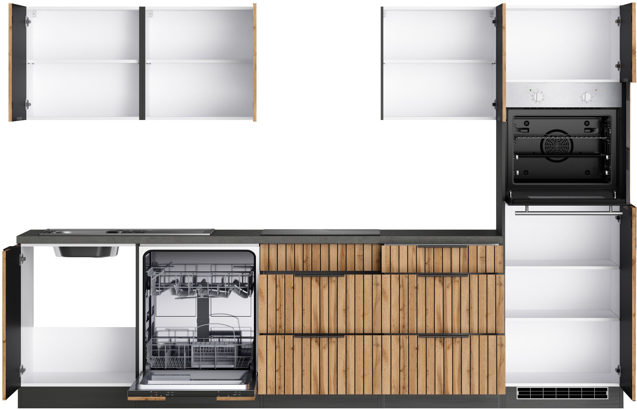 COOKING STATION Kitchen unit KS-Lagos, width 300 cm, optionally with electrical appliances, ceramic or induction hob, sink in stainless steel or black