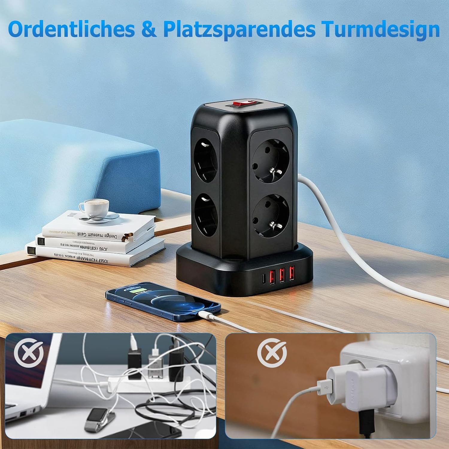 ibettertec 12 in 1 Mehrfachsteckdosen Steckdosenturm mit Schalter Kabel 1.8m Steckdosenleiste 8-fach (platzsparend, 3 USB-A, 1 USB-C Mehrfachsteckdose, Überspan – Bild 3 von 5