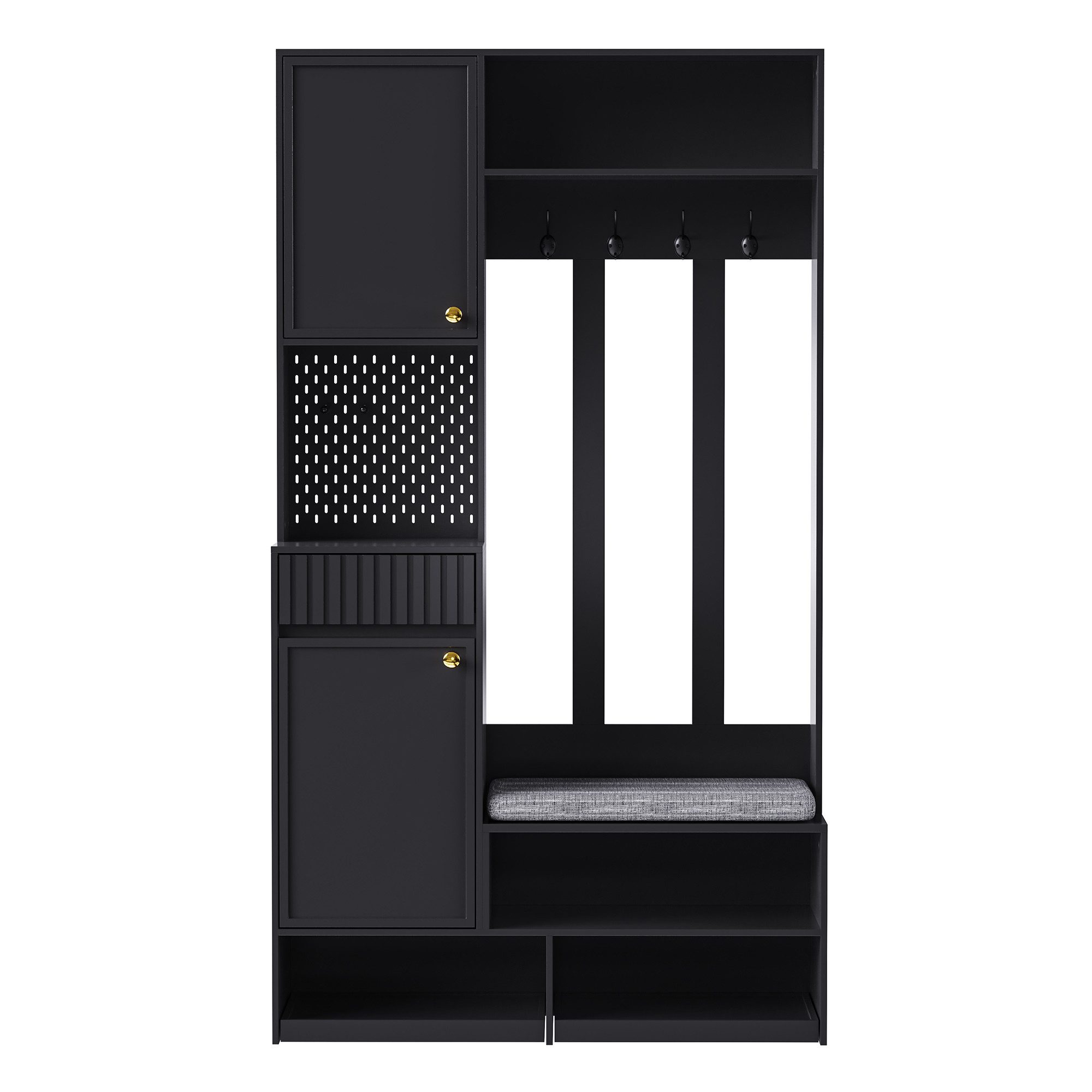Flieks Garderoben-Set mit Schuhschrank, Sitzbank, 4 Haken, Pegboard, Türen & Schubladen, (1-St., 100×180×35 cm (B×H×T), Garderobenständer mit Schuhregal, Sitzfl – Bild 4 von 5