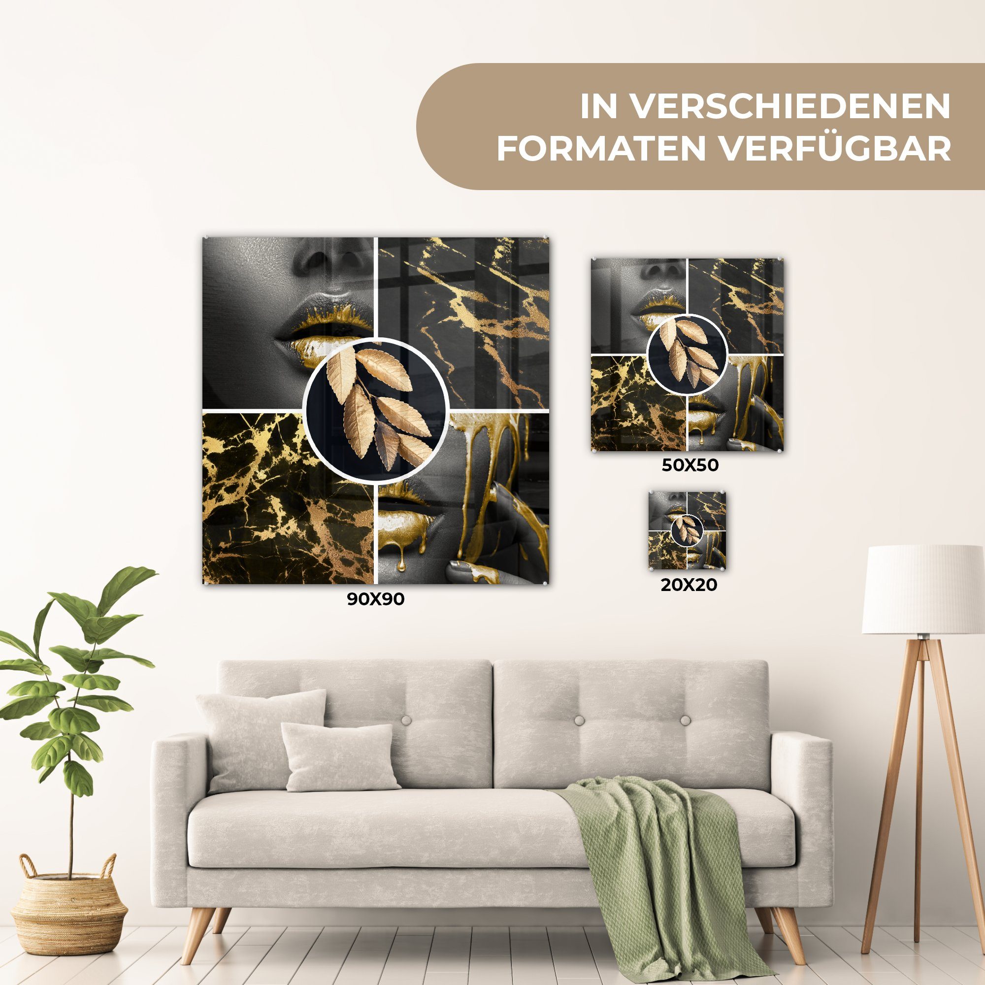 Farbe Collage Glas Glas - Wanddekoration Wandbild Gold Foto auf - Acrylglasbild MuchoWow - auf Bilder St), - - Glasbilder (1 - Marmor,