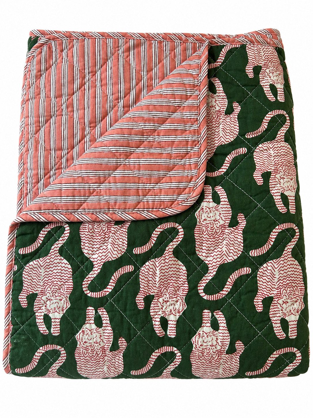 Wohndecke Tiger grün-pink, AU Maison, Quilt-Optik aus Baumwolle 140 × 180 cm
