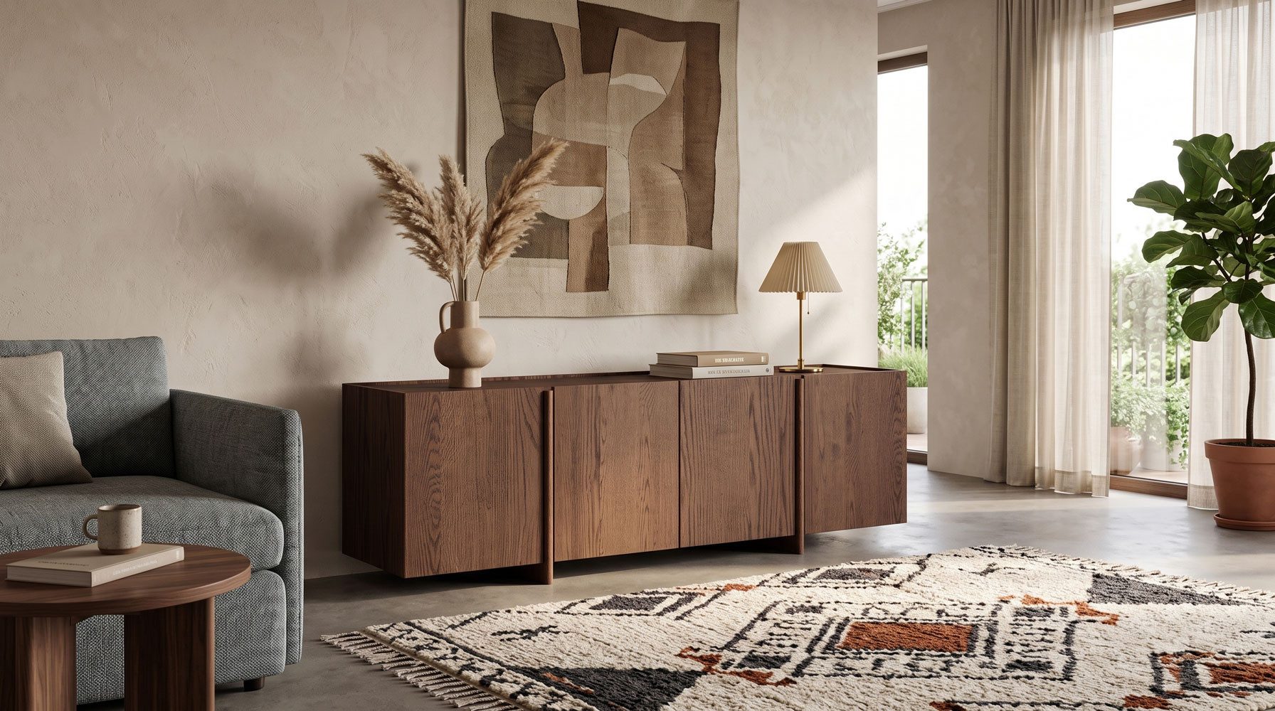Feldmann-Wohnen Lowboard Travertino (mit Türen, mit Einlegeböden, 1 St., moderne Optik, mit Türen, mit Einlegeböden), 180x46x56cm Wildeiche Tabak