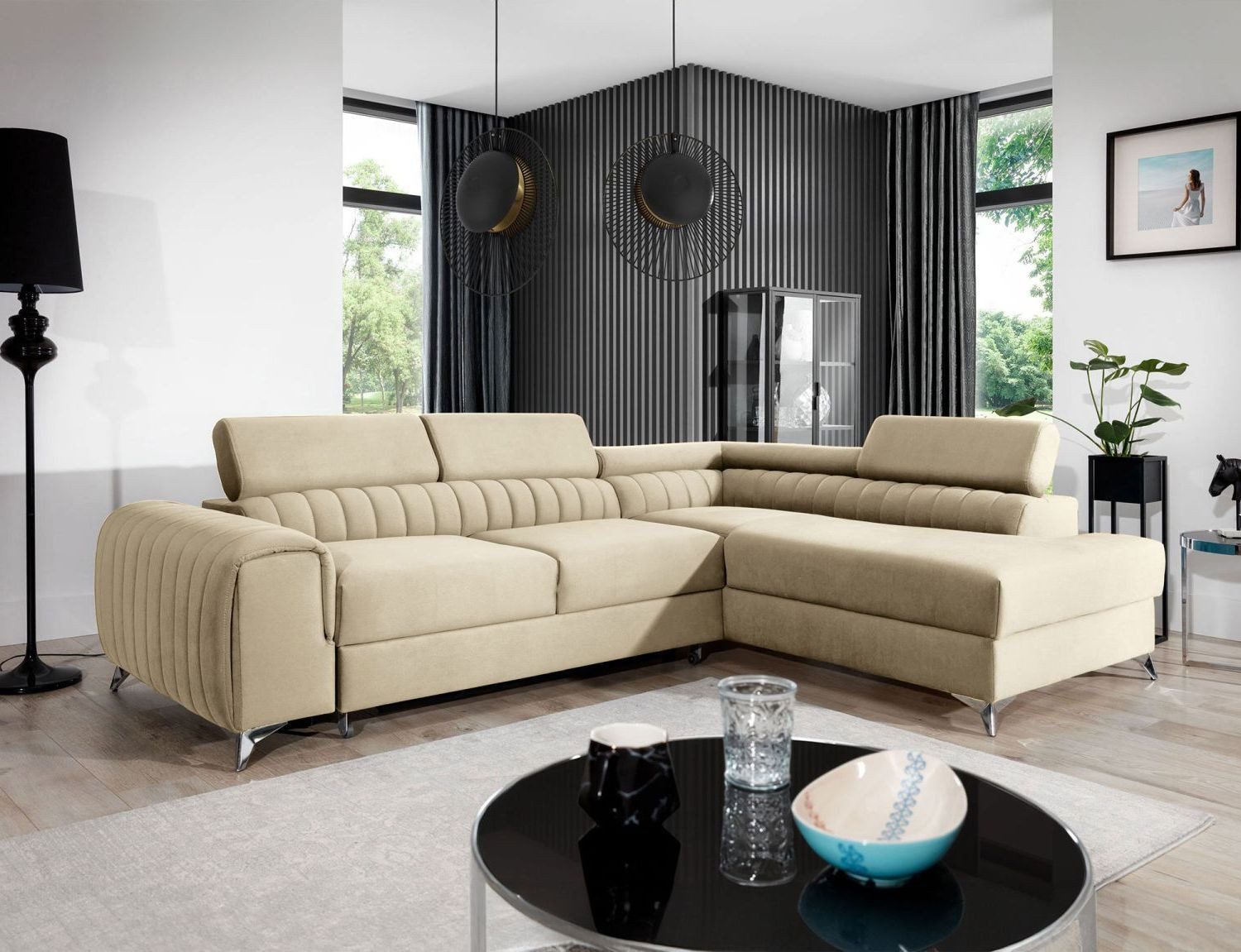 Lukas Möbel Ecksofa Modernes Ecksofa Laura mit Schlaffunktion Bettkasten, regulierbare Kopfstützen, Bettfunktion, Rückseite bezogen