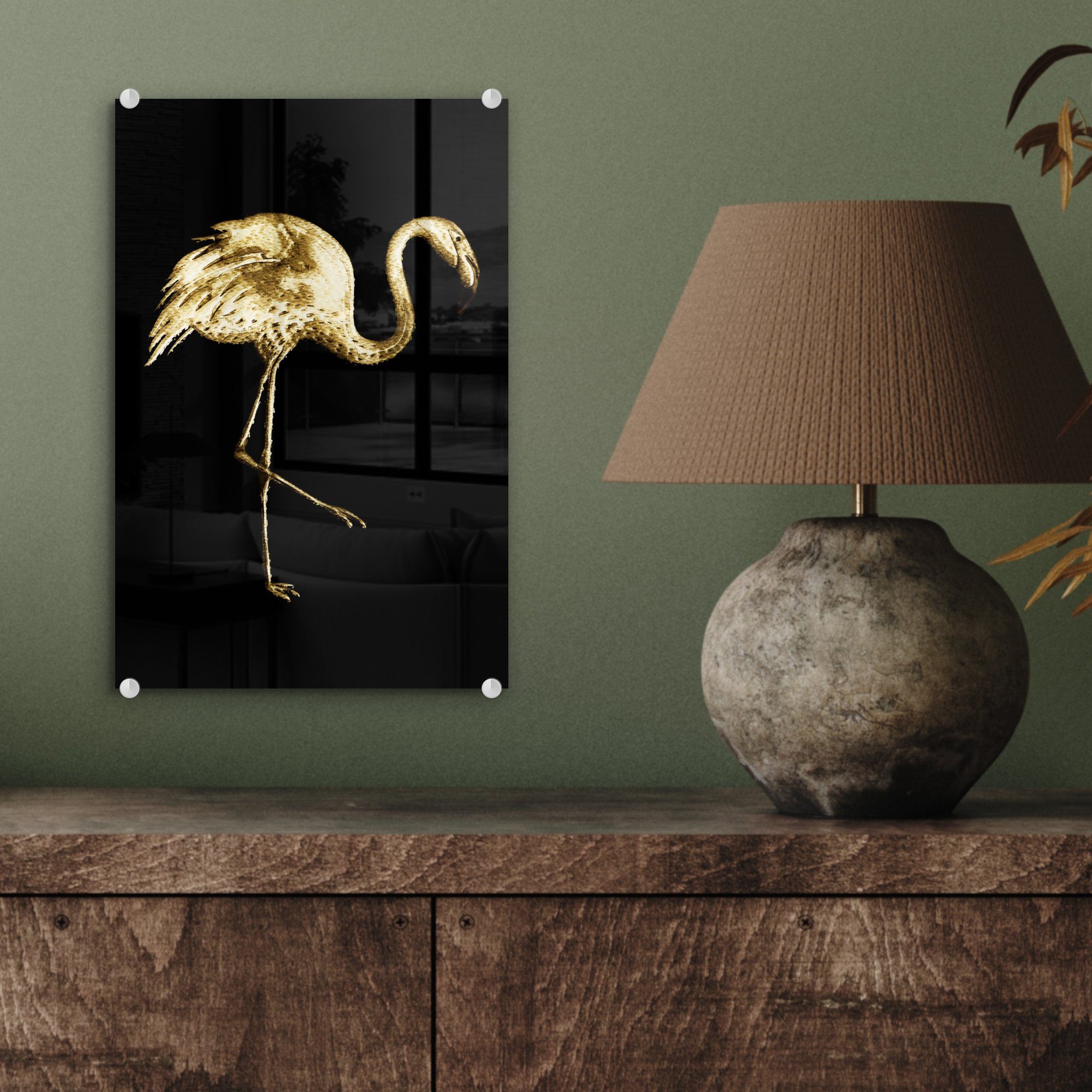 Foto Bilder Gold Schwarz, - Wandbild (1 auf Glas St), - - - Wanddekoration - bunt Flamingo Glasbilder auf Acrylglasbild MuchoWow Glas