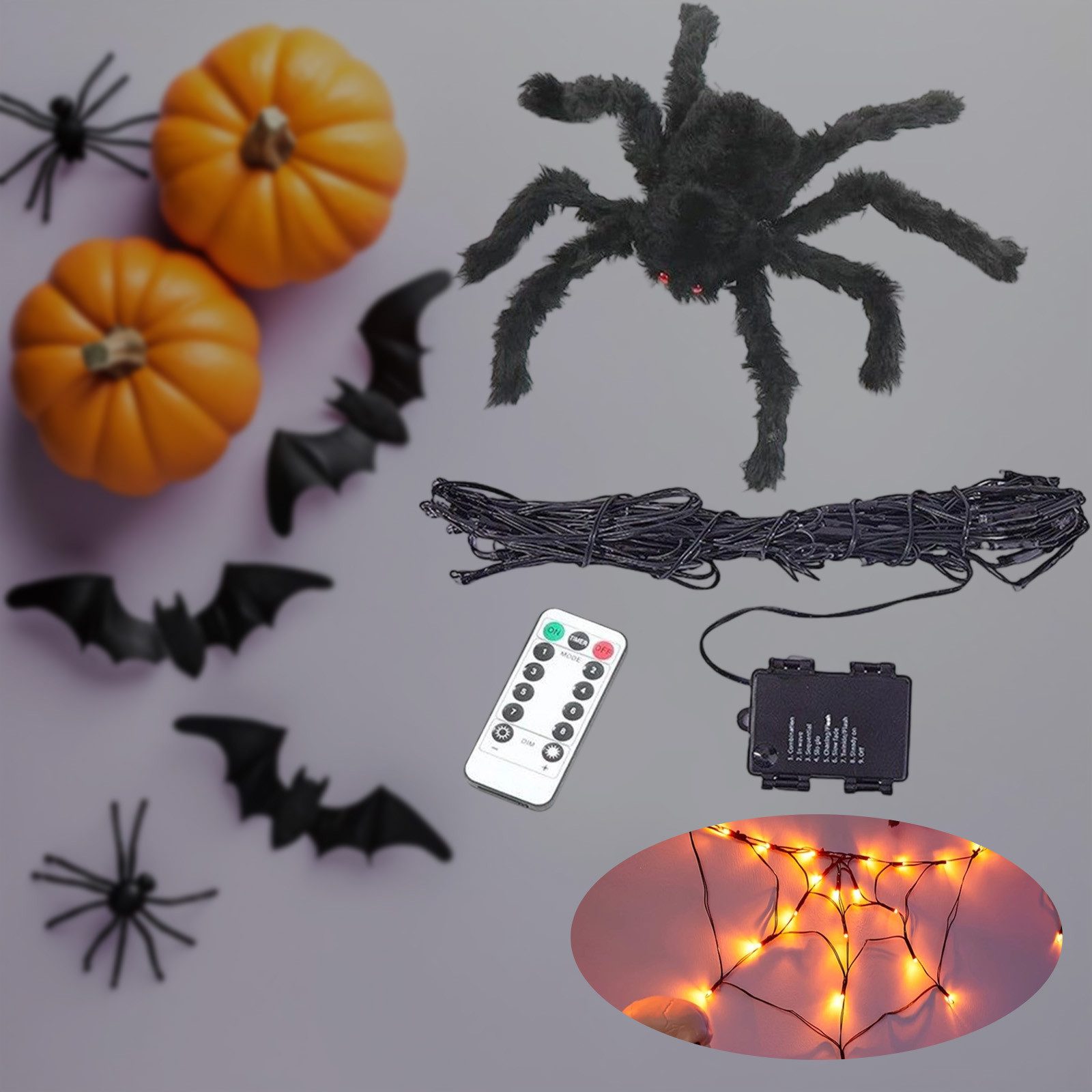 MODFU LED-Lichterkette Halloween Spinnennetz-Lichterkette mit Plüschspinne LED-Dekolichter, LED Deko Beleuchtung mit Fernbedienung 8 Modi für Party Wohnzimmer