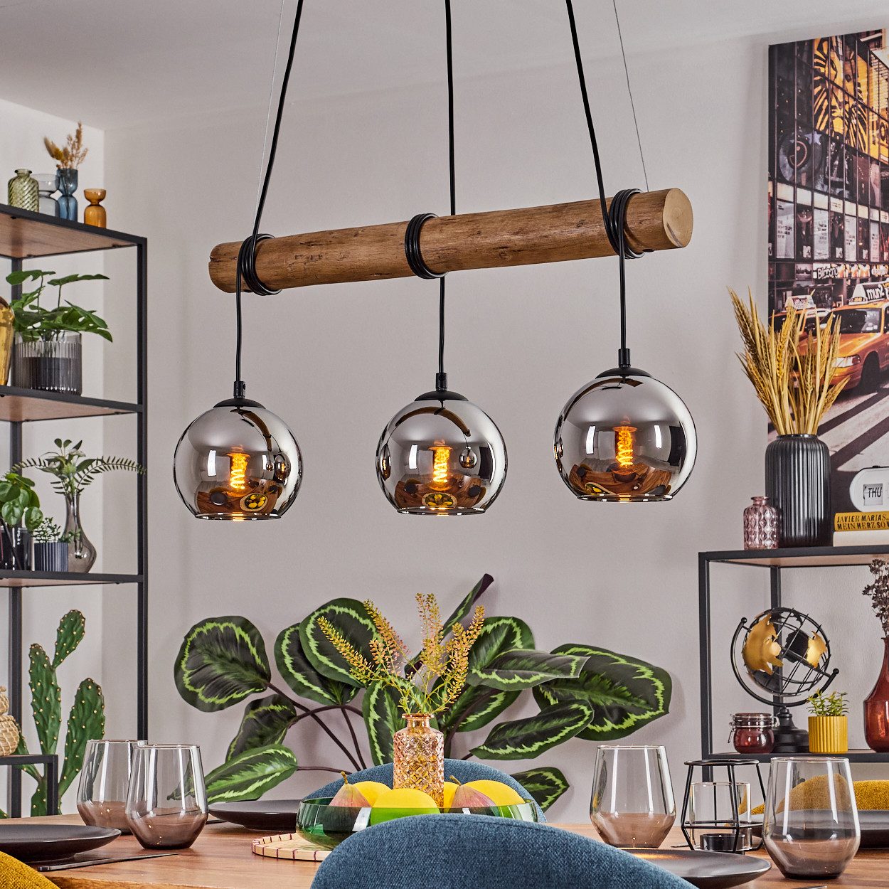 hofstein Pendelleuchte Hängelampe aus Metall/Holz/Glas in Schwarz/Natur-/Ch günstig online kaufen