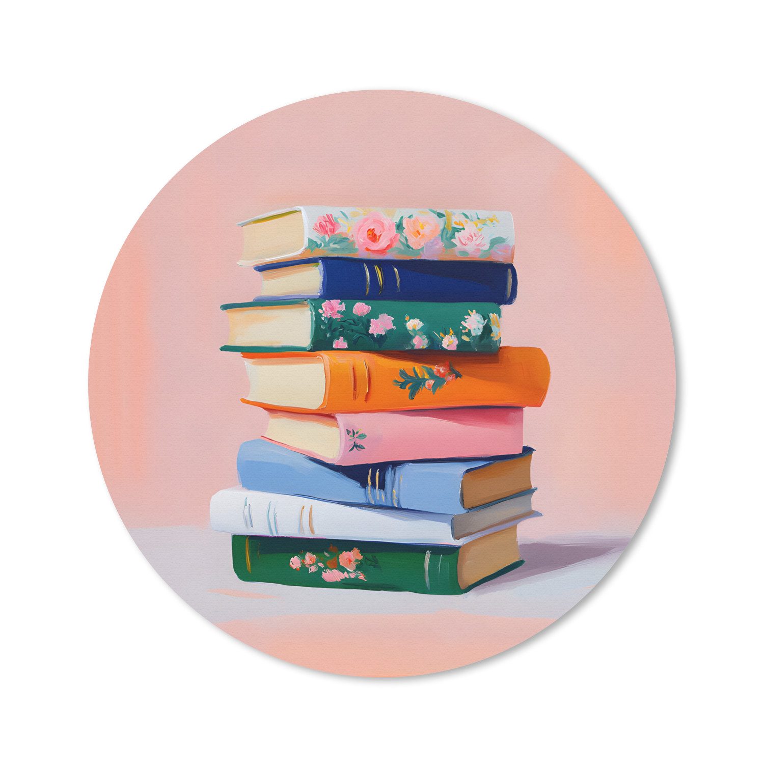 MuchoWow Mauspad Bücher - Stapel - Bunt (1-St), Mousepad mit Rutschfester Unterseite, Gaming, Rund, 30x30 cm