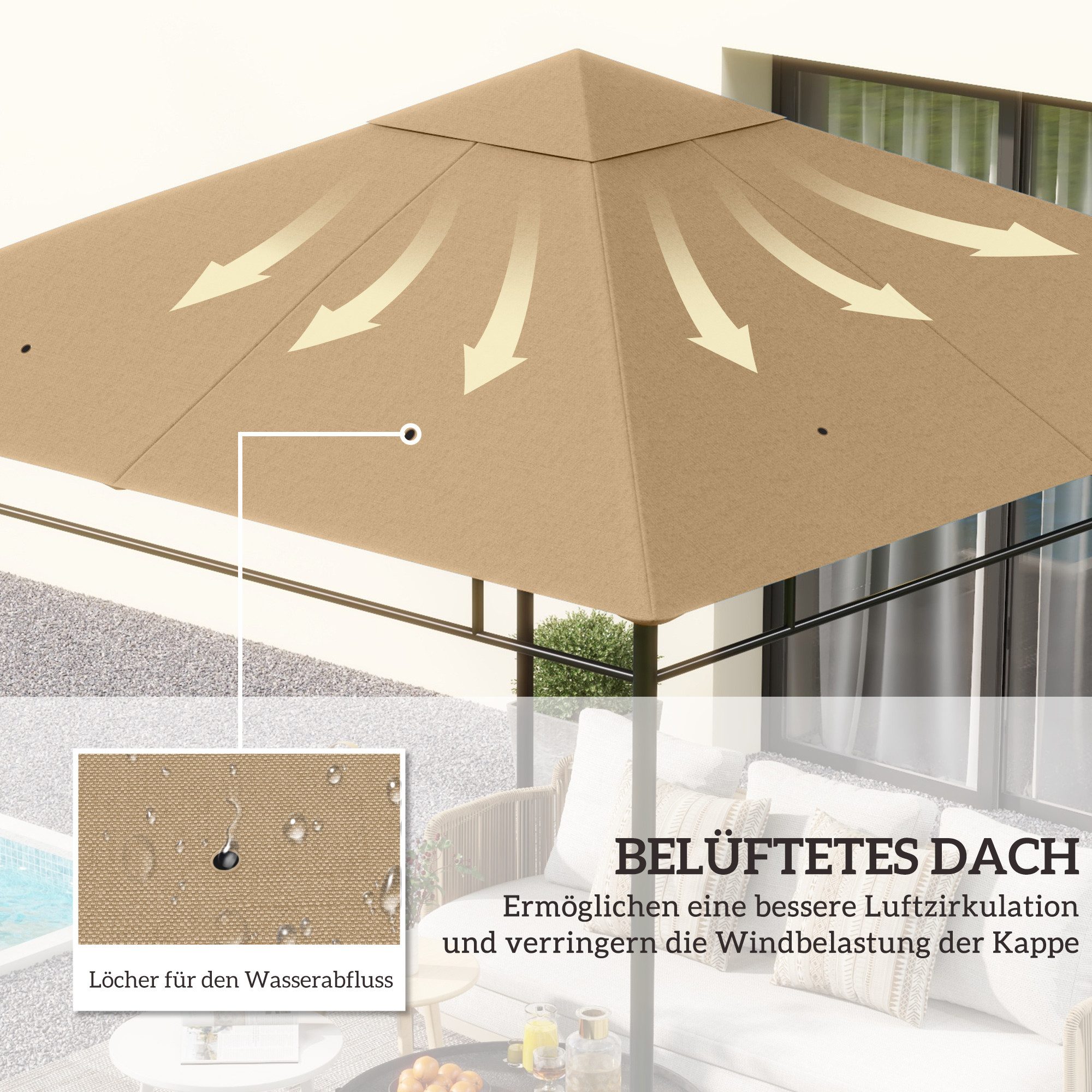 Outsunny Pavillon-Ersatzdach Ersatzbezug Ersatzteile aus Polyester-Stoff, beige, 180 g/m², 298 x 298 cm (Ersatzdach, Pavillondach), 298x298 für Metall-Gartenpav – Bild 4 von 5