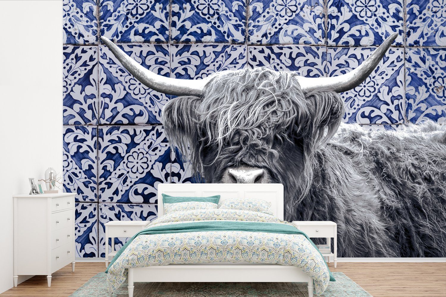 MuchoWow Fototapete Scottish Highlander - Delfter Blau - Schwarz - Weiß, Matt, bedruckt, (6 St), Wallpaper für Wohnzimmer, Schlafzimmer, Kinderzimmer, Vinyl Tapete