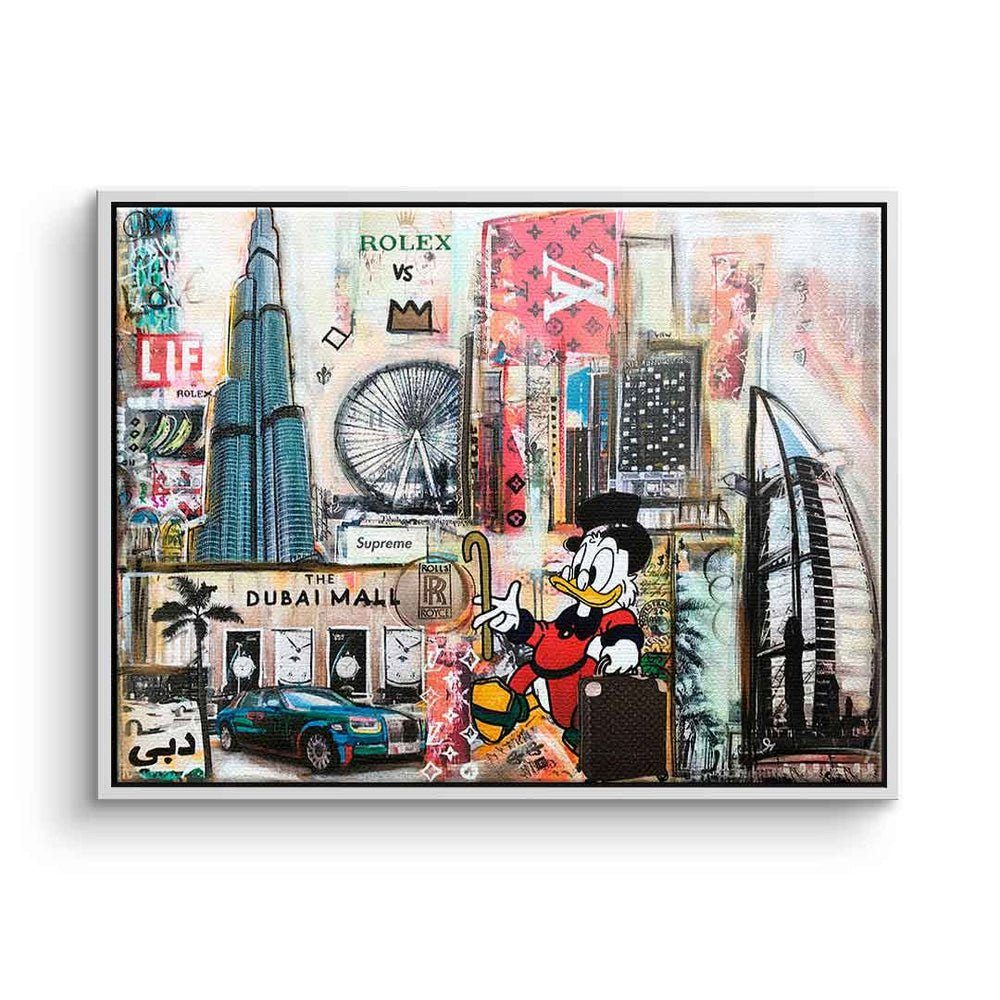 Pop Collage in Skyline Art DOTCOMCANVAS® Dagobert Leinwandbild Leinwandbild Dubai, Dubai Comic Dagobert goldener Duck quer Rahmen