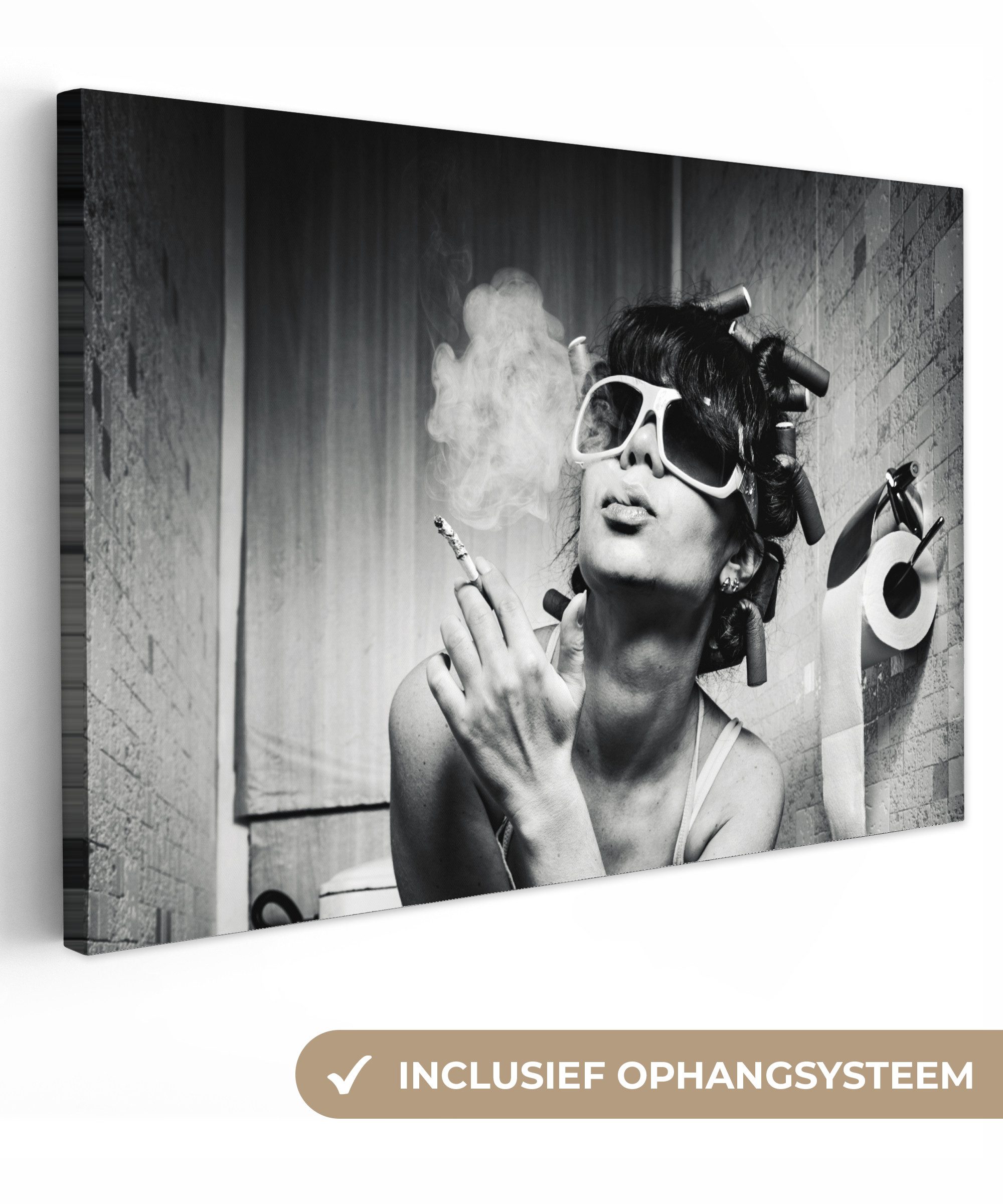 OneMillionCanvasses® Leinwandbild Frau - Vintage - Lockenwickler - Toilette - Zigarette, Fotodruck (1 St), Leinwände Wanddeko Wohnzimmer Schlafzimmer 60x40 cm