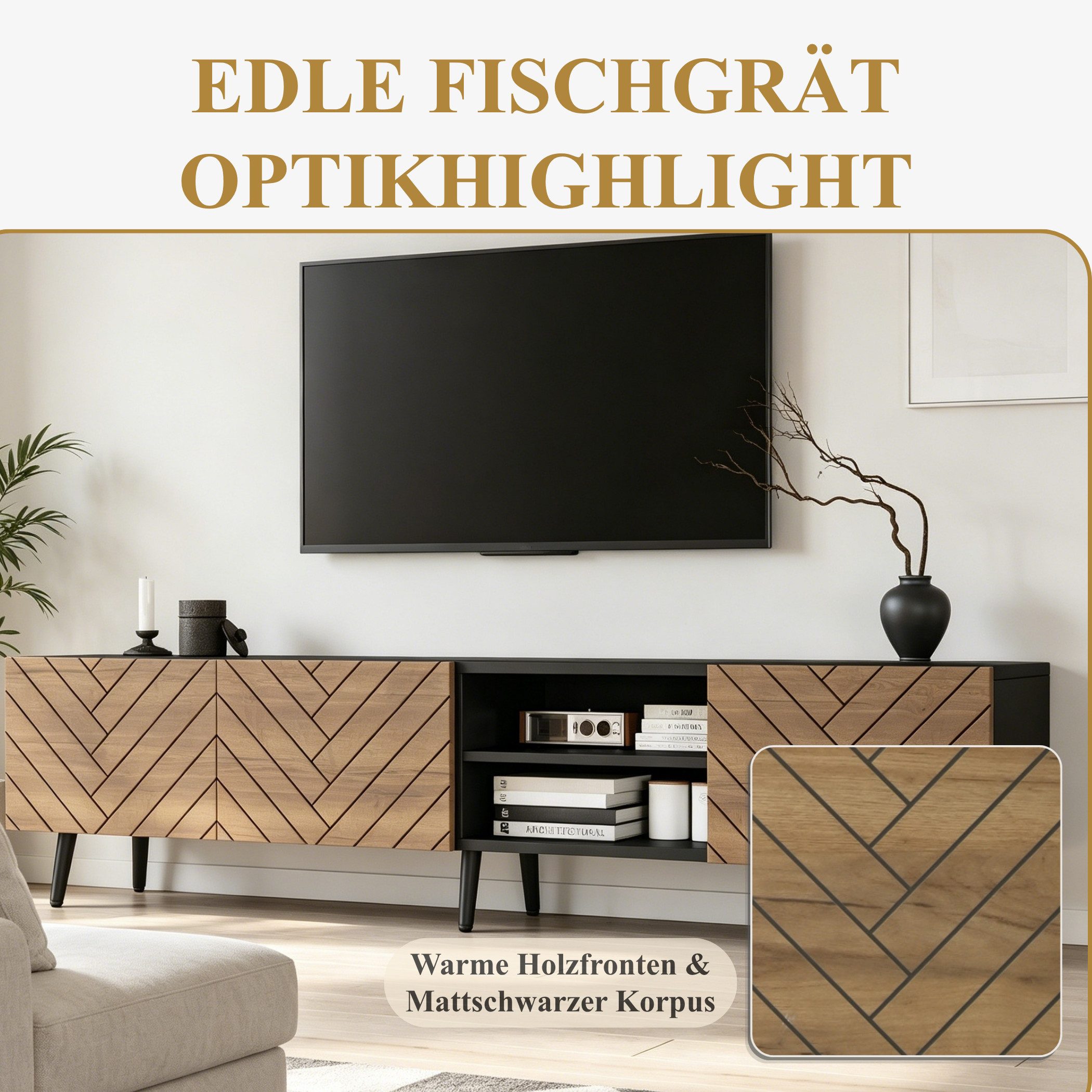 SeedWave Lowboard Griffloser TV-Schrank 180cm mit Fischgrättürfronten, Kabeldurchführung, Fernsehschrank im Retro-Design, offene & geschlossene Fächer