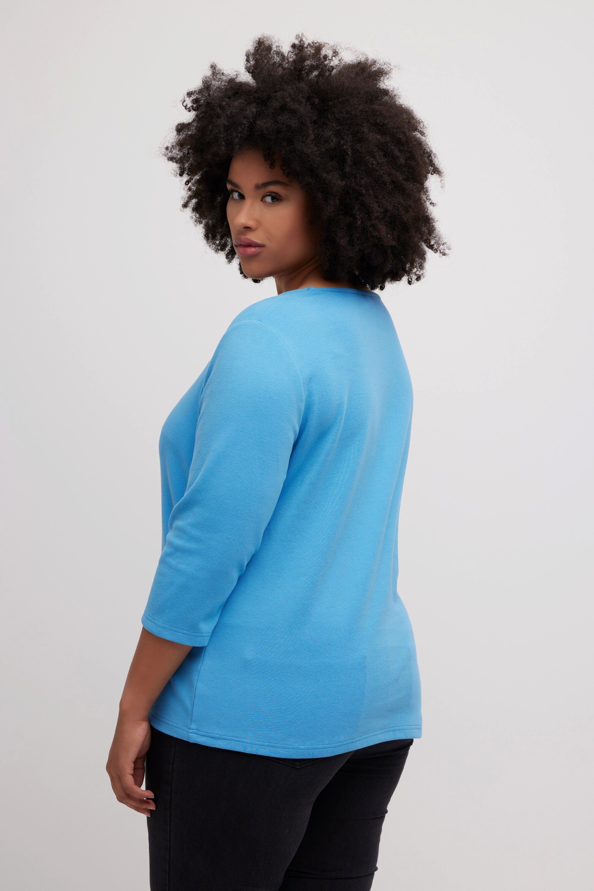 Classic Carrée-Ausschnitt Shirt stahlblau Sweatshirt Popken Quernaht 3/4-Arm Ulla