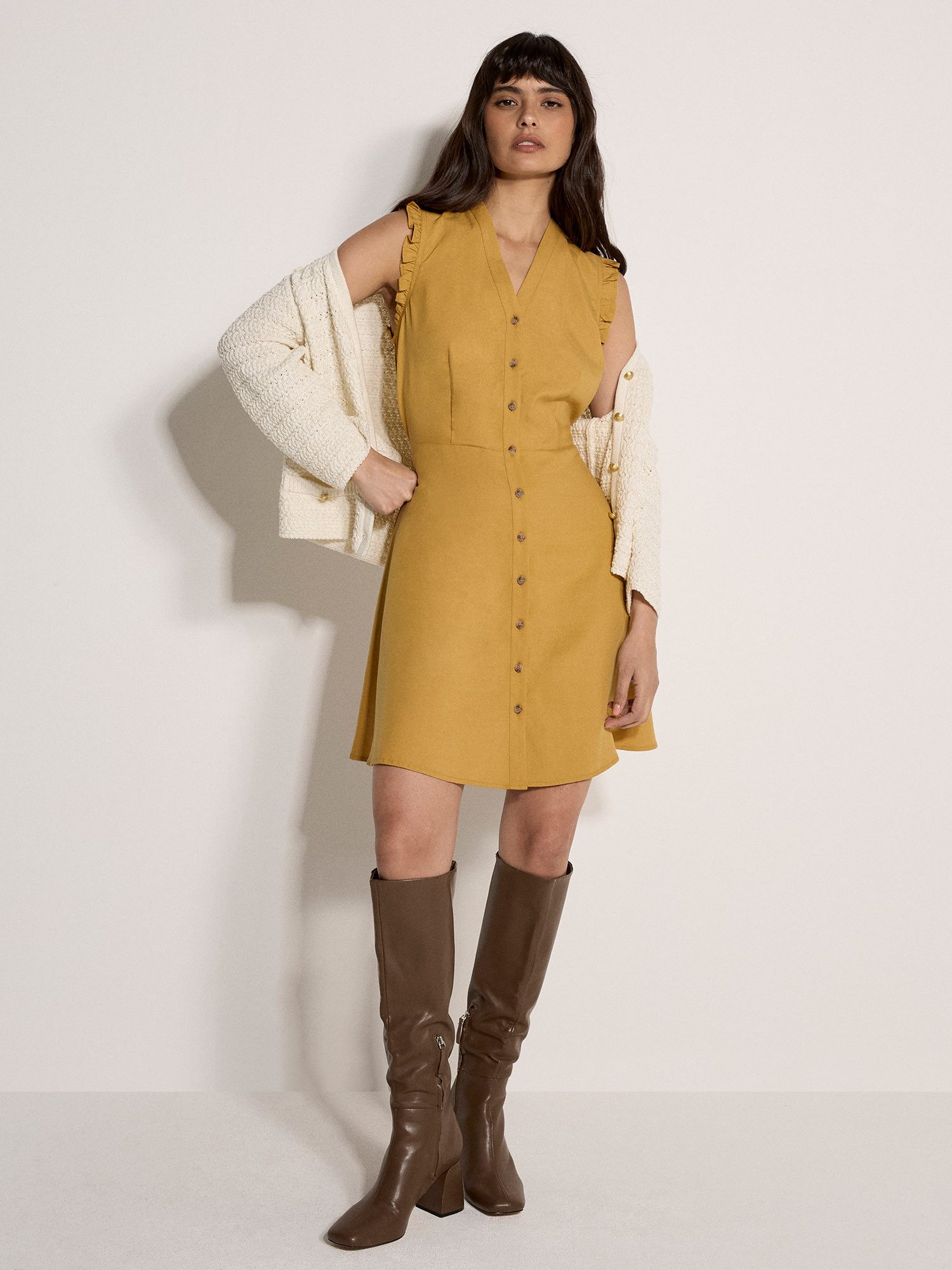 Apricot Minikleid Mini-Kleid mit Rüschen und Knopfleiste