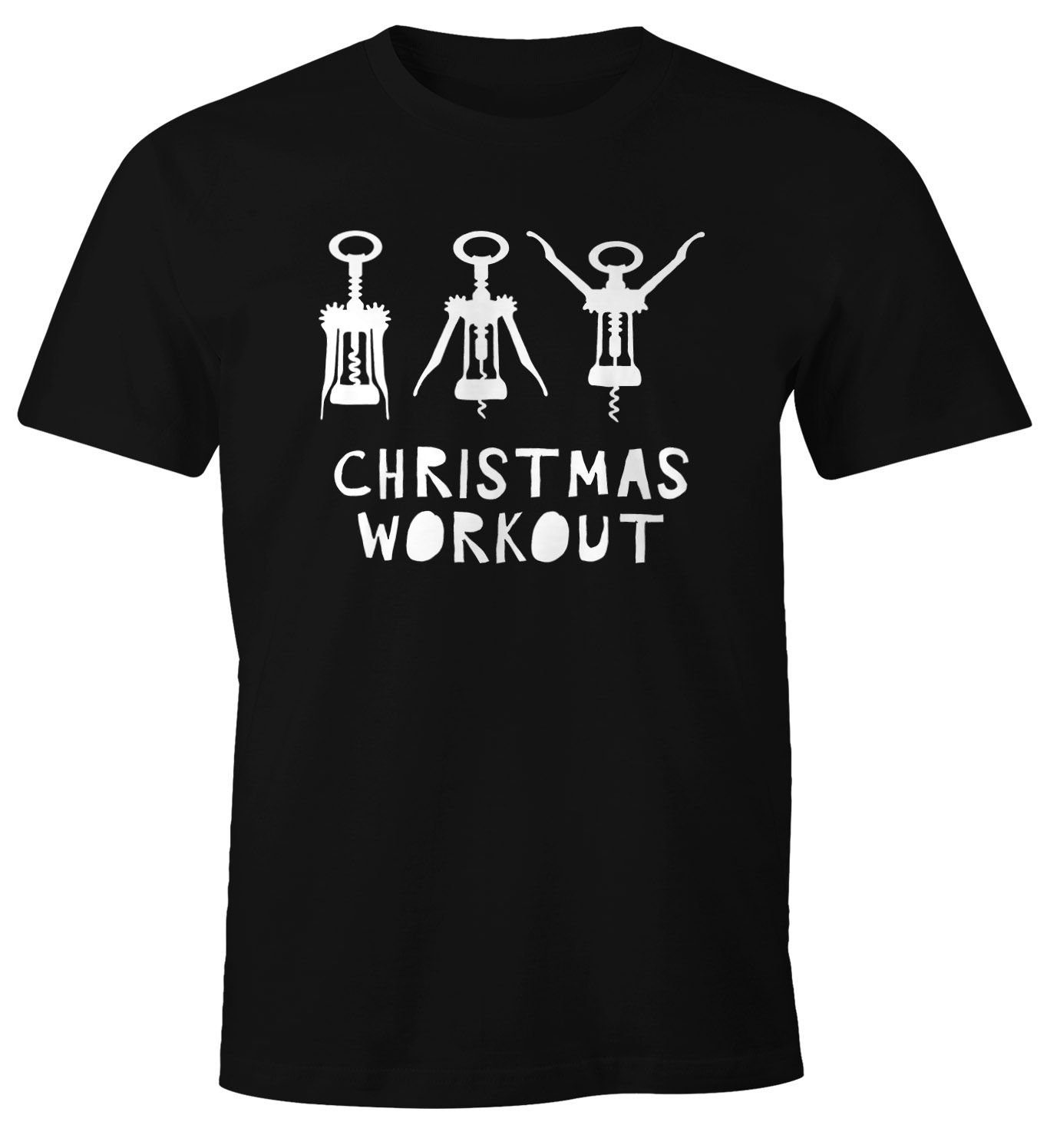 MoonWorks Print-Shirt Herren T-Shirt Weihnachten lustig Christmas Workout Flaschenöffner Korkenzieher Wein trinken Fun-Shirt Moonworks® mit Print schwarz