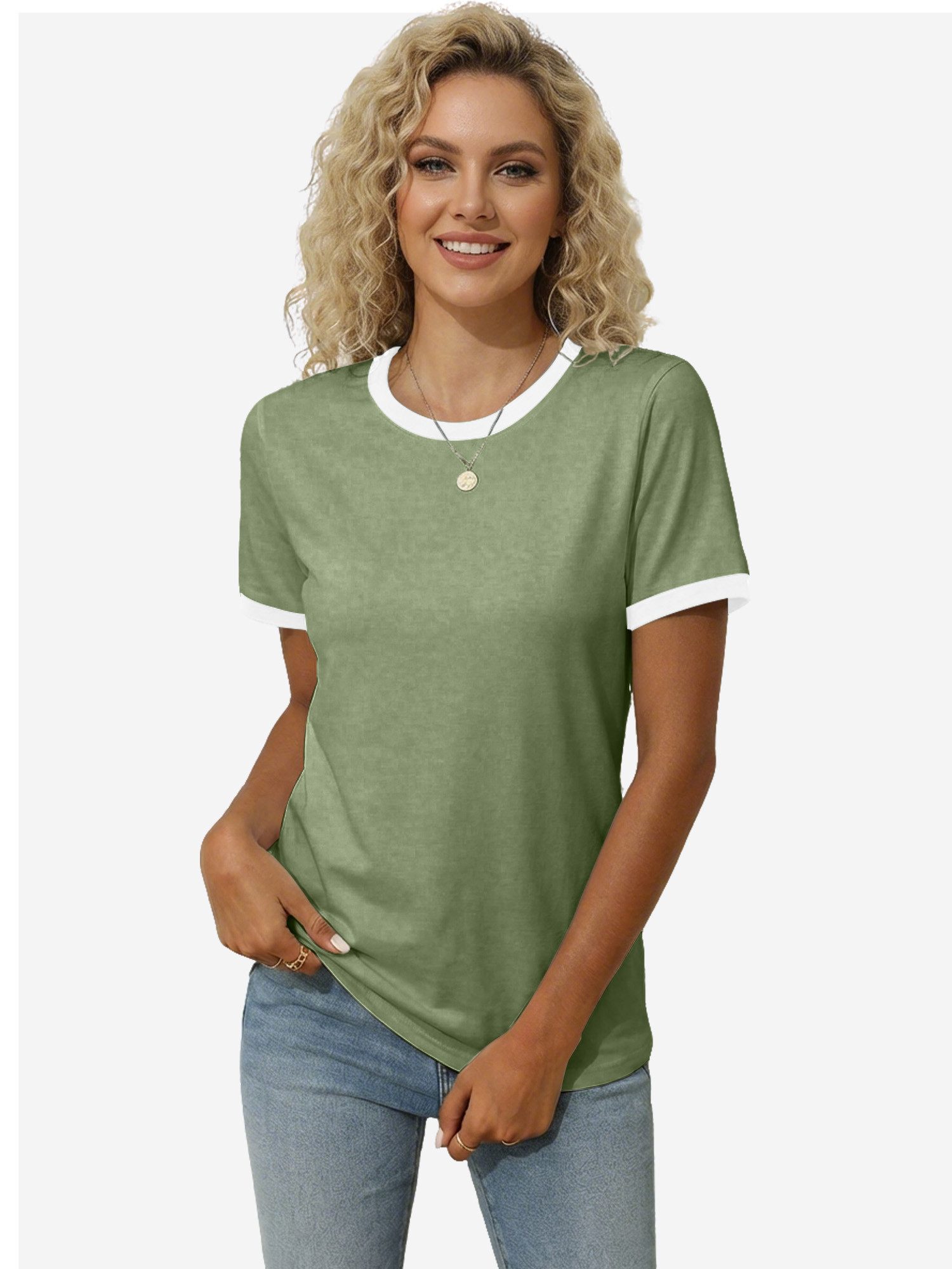 Imily Bela T-Shirt Damen Rundhalsbluse in Zweifarbig (Packung, 1-tlg., 1per-Pack) Helle Farben
