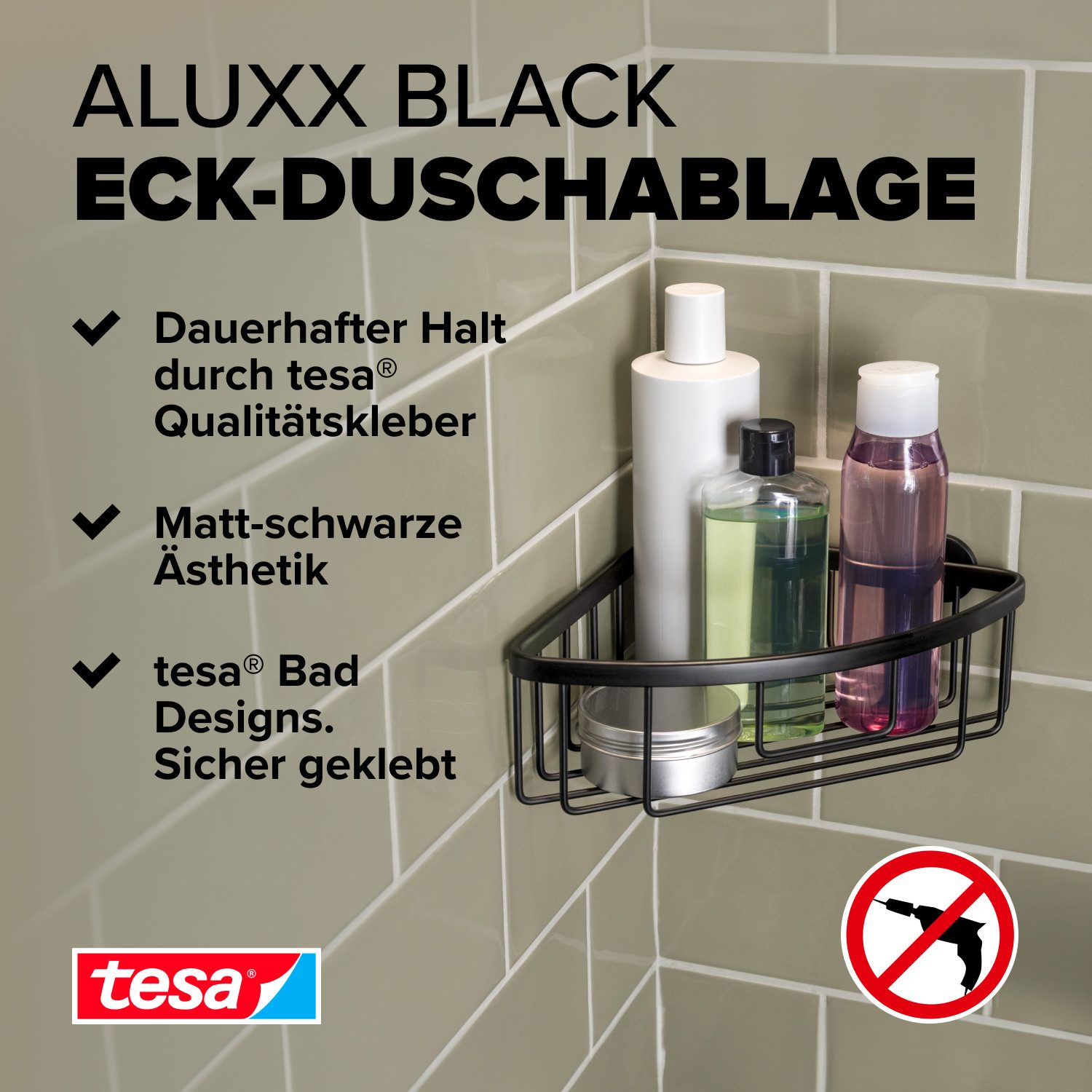 tesa Duschablage ALUXX BLACK Eck-Duschablage, einstöckig, Set 1-tlg., mit Klebelösung zur Wandmontage ohne Bohren