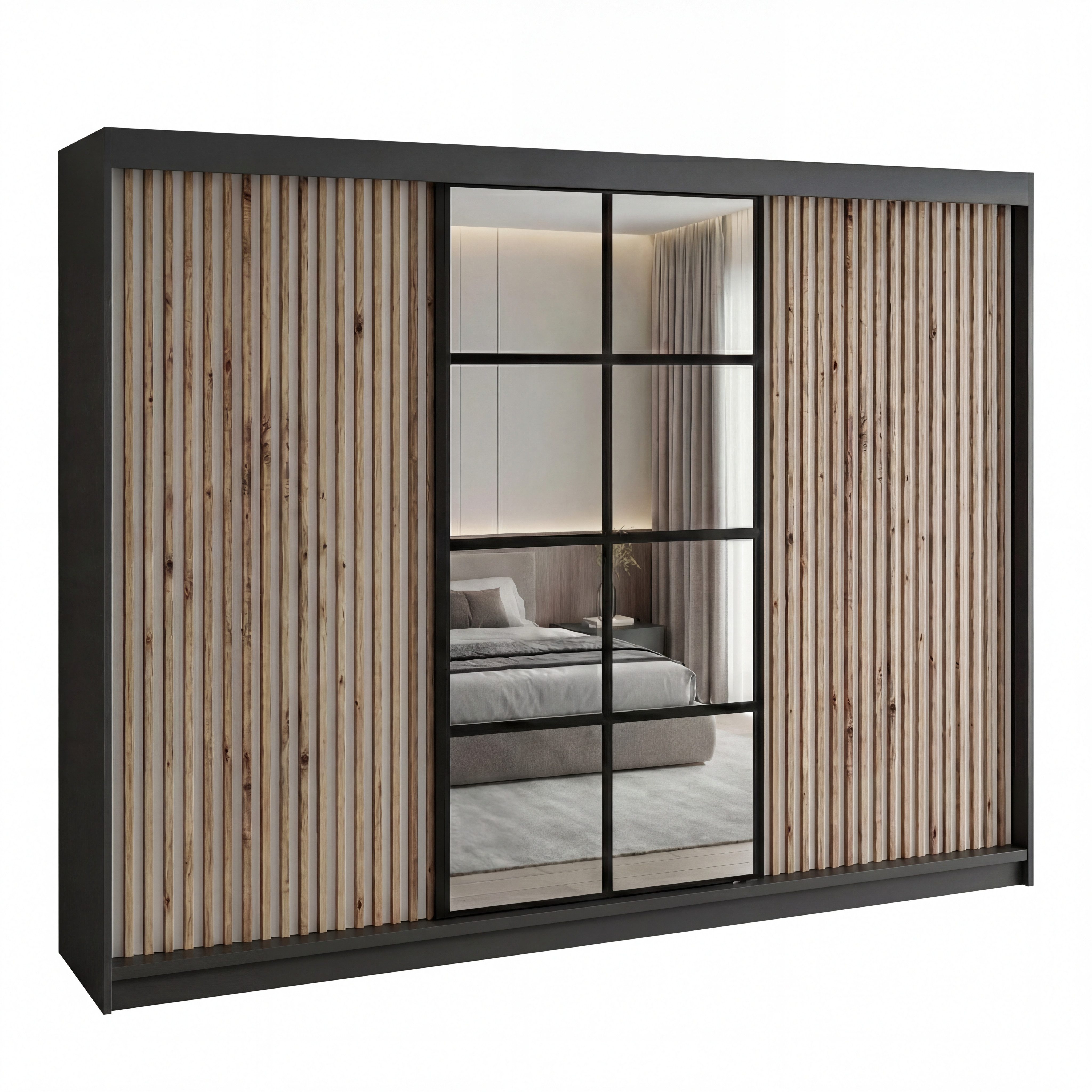 A&J MöbelLand GmbH Schiebetürenschrank NORIVO 200 cm mit 4 Schubladen, und 3D Lamellen (TOP ANGEBOT! Geräumiger Schrank mit einer Breite von 200 cm ideal zur Aufbewahrung von Kleidung und Accessoires. Wählen Sie das ideale Modell für Ihr Schlafzimmer!, TOP PRODUKT)