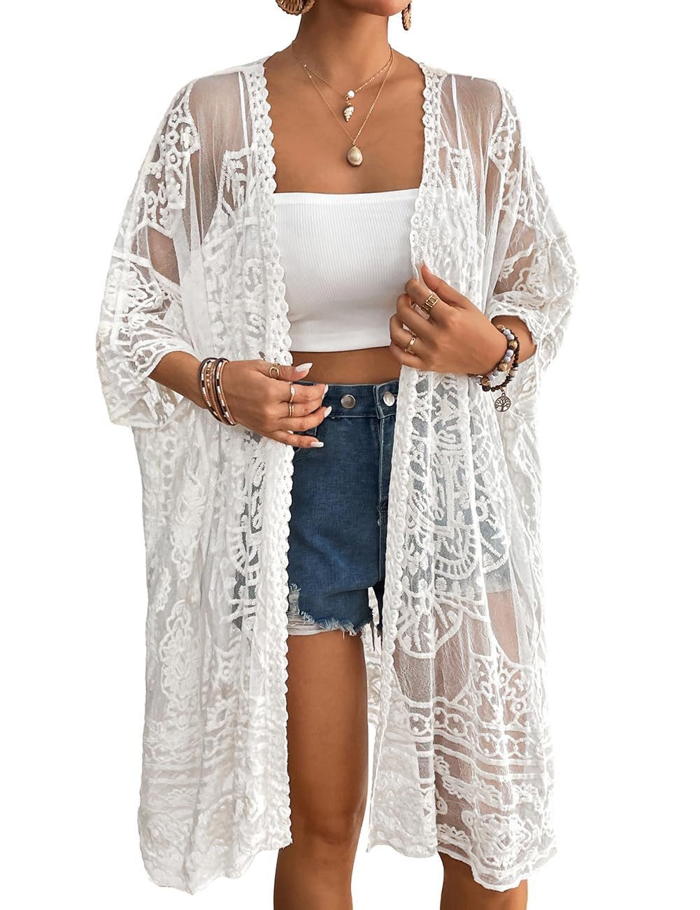 MOPUEA Badeanzug Strandkleid Bikini Cover Up Frauen Spitze Cover-up Bohemian (Sarong Rock 3 4 Ärmel Offene Front Mesh Häkeln, 1-St) Damen Bademode Oberbekleidung Strickjacke,Bikini Bademode