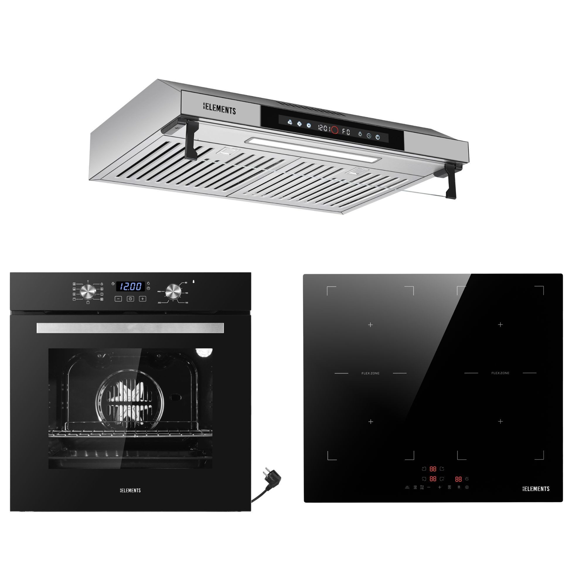 KB Elements Backofen-Set Einbaubackofen 60 cm mit 4-Zonen Induktionskochfeld 60cm, Steam Clean, Air Fry, Steam Clean, Circle Fan Heater, 2 x Flexzonen