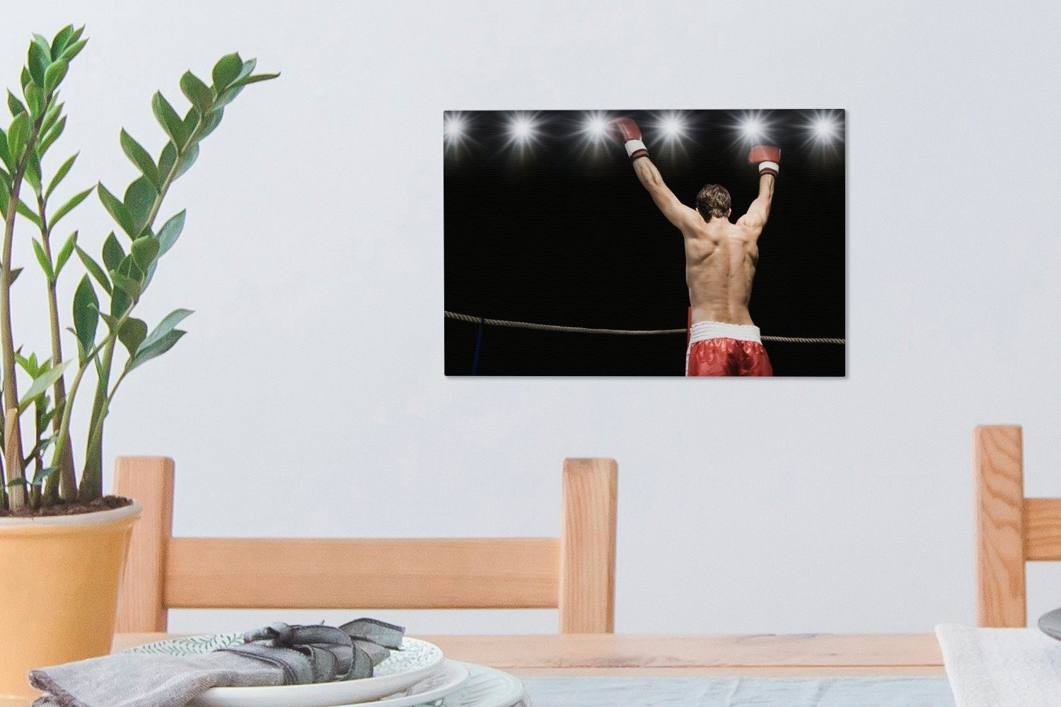 OneMillionCanvasses® Leinwandbild Ein cm in Arme einem Aufhängefertig, hebt Wandbild die 30x20 Leinwandbilder, (1 Sieg Boxer nach St), Luft, die Wanddeko