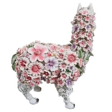 Fachhandel Plus Tierfigur Dekofigur Alpaka weiß mit Blumen lustige Gartendeko Indoor Outdoor, handbemalt, lustige Tierdekoration
