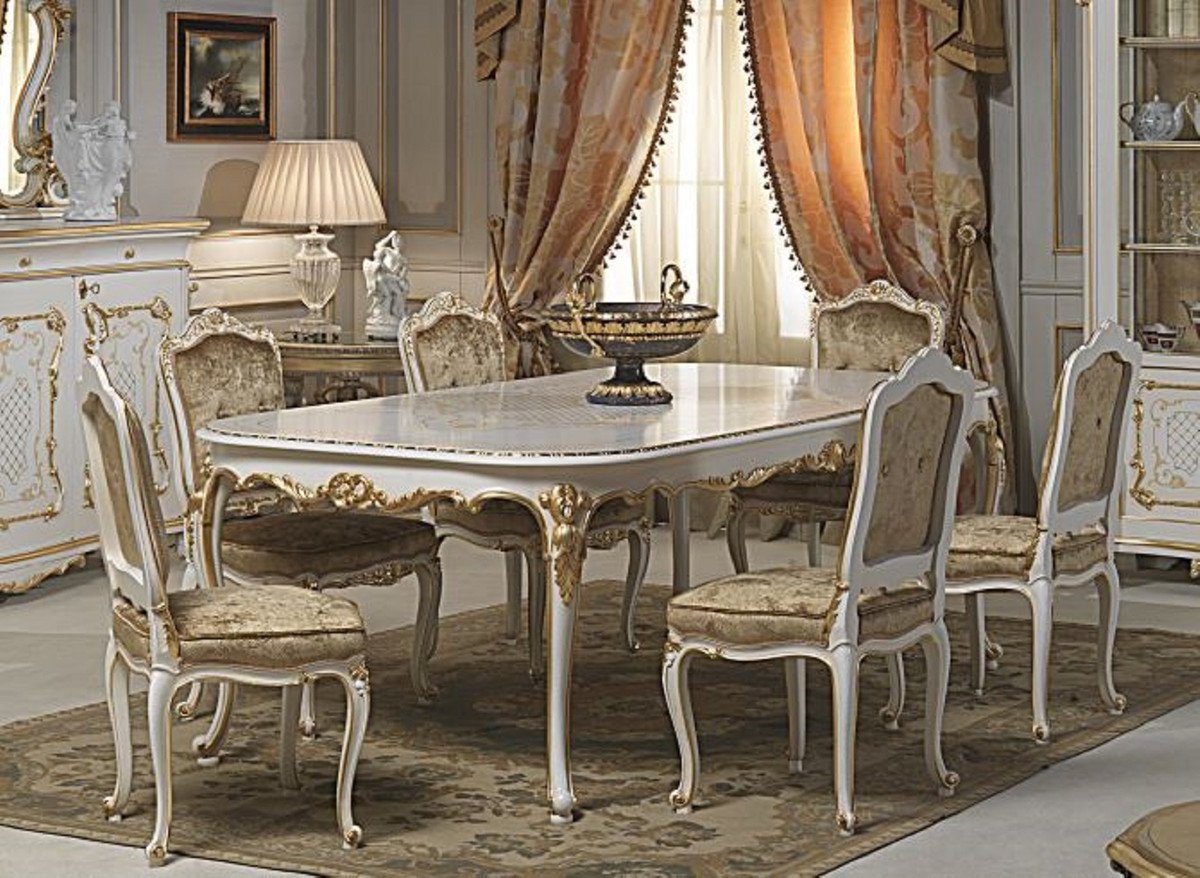 Casa Padrino Esszimmer-Set Luxus Barock Esszimmer Set Weiß / Gold - 1 Esstisch & 6 Esszimmerstühle - Esszimmer Möbel im Barockstil - Hotel Restaurant Schloss Möbel - Luxus Qualität - Made in Italy