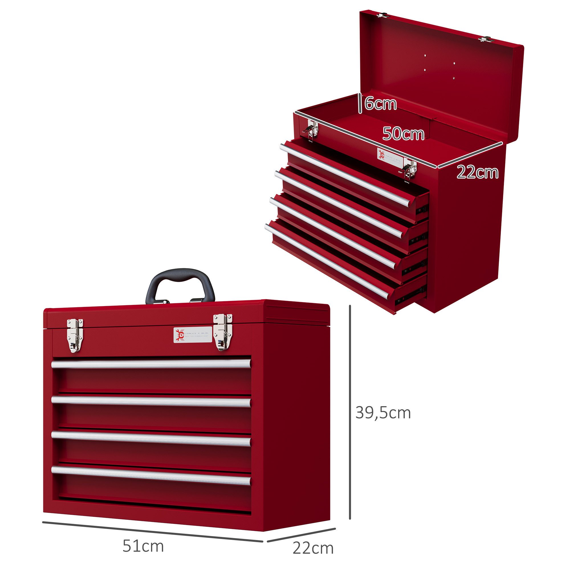 Durhand Werkzeugbox mit 4 Schubladen, oberes Staufach, Handgriff (Werkzeugkasten, 1 St., Werkzeugkiste), mit 2 Schloss, aus Stahl, Rot