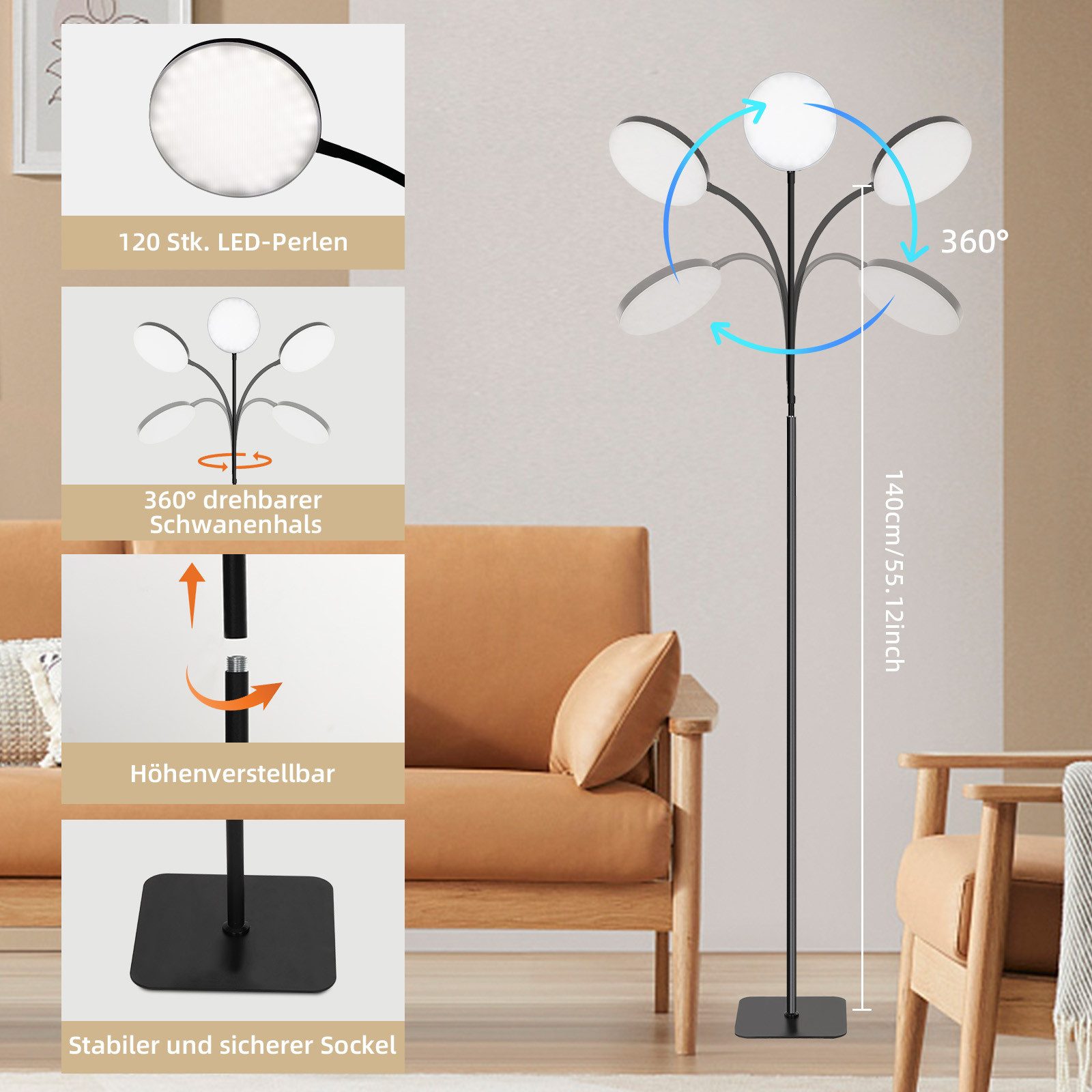 MUPOO LED Stehlampe Standleuchten mit Fernbedienung, LED Leselampe Stehend Dimmbar, Dimmbar Einstellbare Flexible Stehleuchte,mit 3 Farbtemperaturen