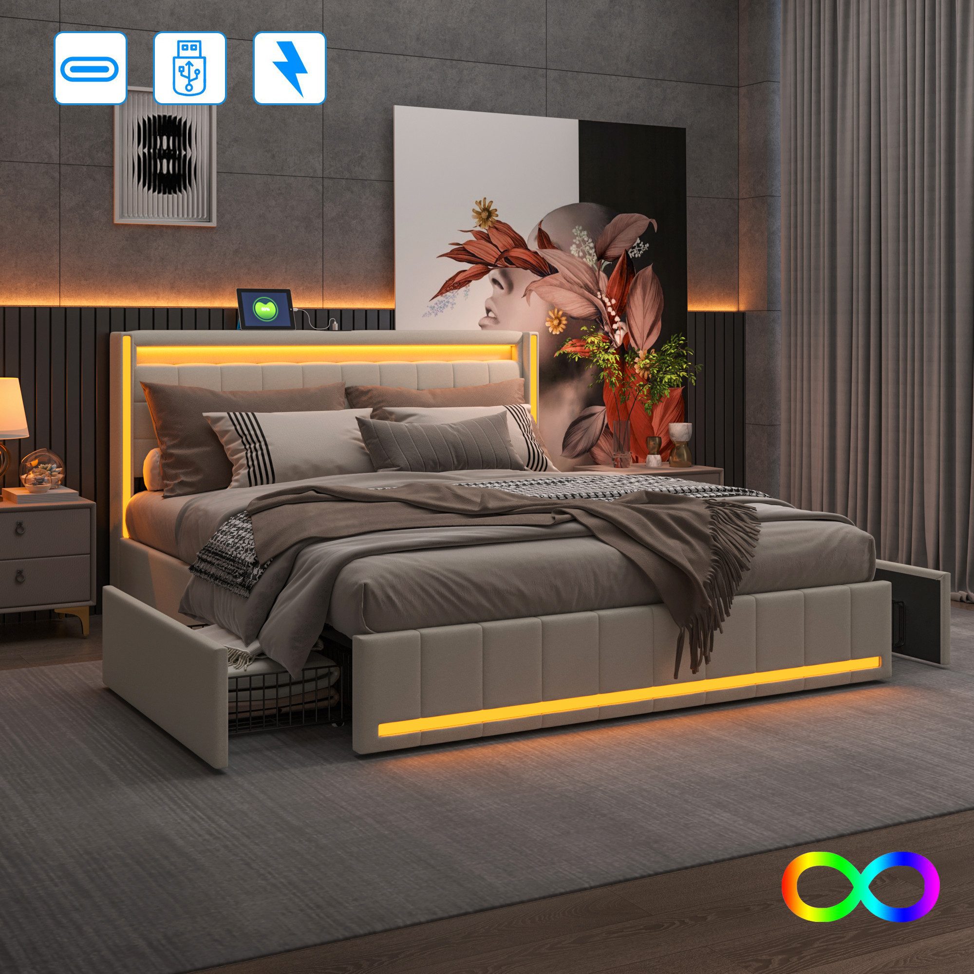 Furnishings Home Polsterbett Stauraumbett Doppelbett LED (1 tlg, Mit Vier e günstig online kaufen