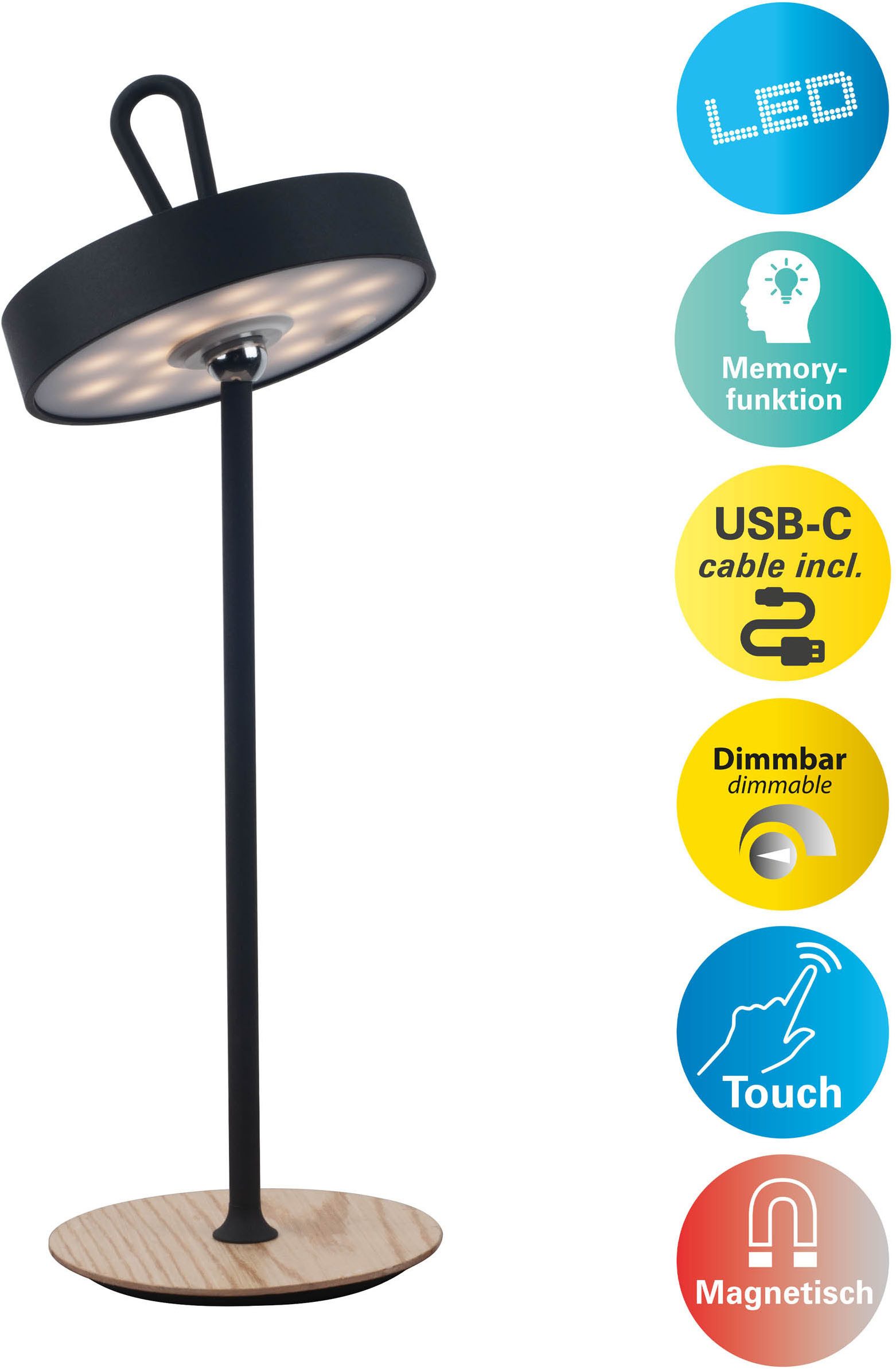 my home LED Tischleuchte Charmont mit Holzfuß, abnehmbares Kopfteil als Hängeleuchte verwendbar, Dimmfunktion, LED fest integriert, Warmweiß, aufladbar, inkl Akku + USB Kabel, Kopfteil magnetisch, abnehmbar, Holz