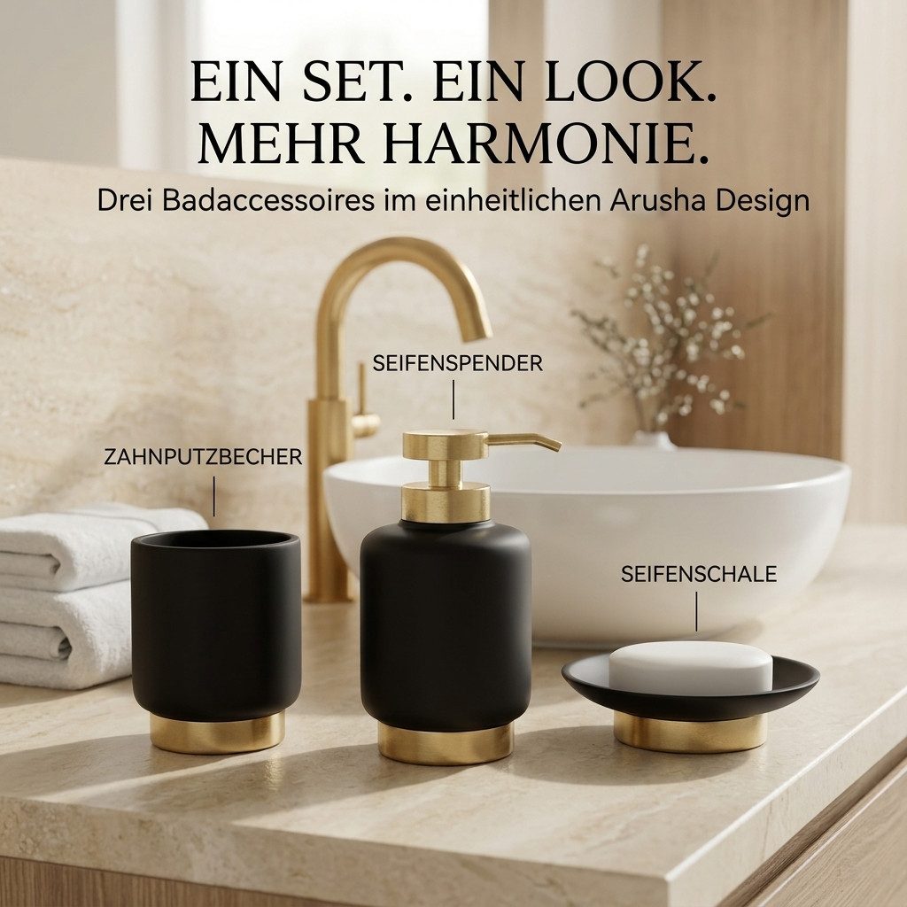 LikeKa Badaccessoire-Set 3-teilig–,Mattes Polyresin & Goldener Edelstahlsockel