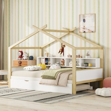 Flieks Kinderbett, Holzbett Hausbett 140x200cm mit Ausziehbett 90x180cm und Staufächer