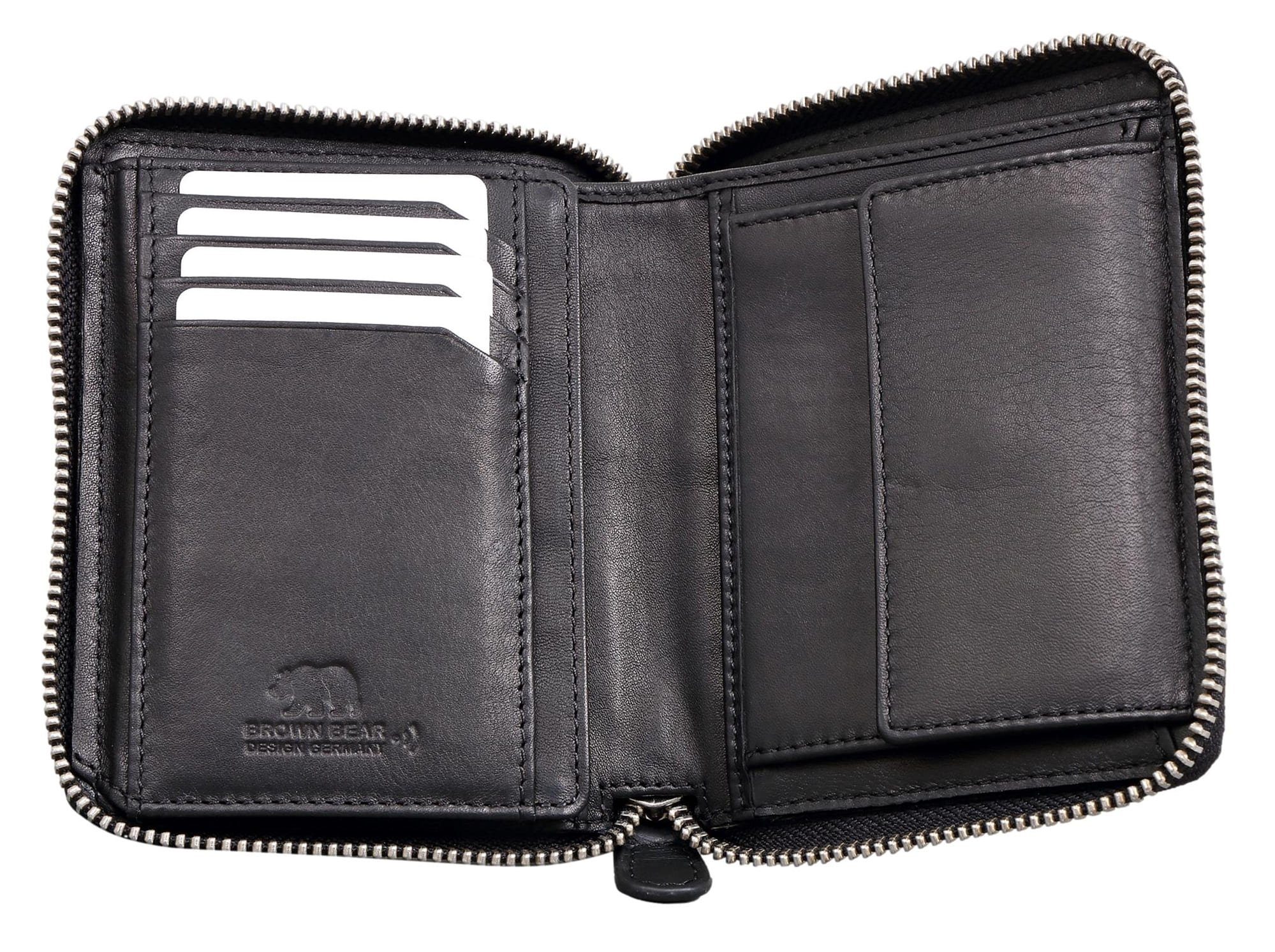 Bear Nappa umlaufendem Brown RFID - Reißverschluss, mit Schwarz mit Geldbörse 4 Schutz Modell Billy Kartenfächern, Steckfächern 8 und Schwarz