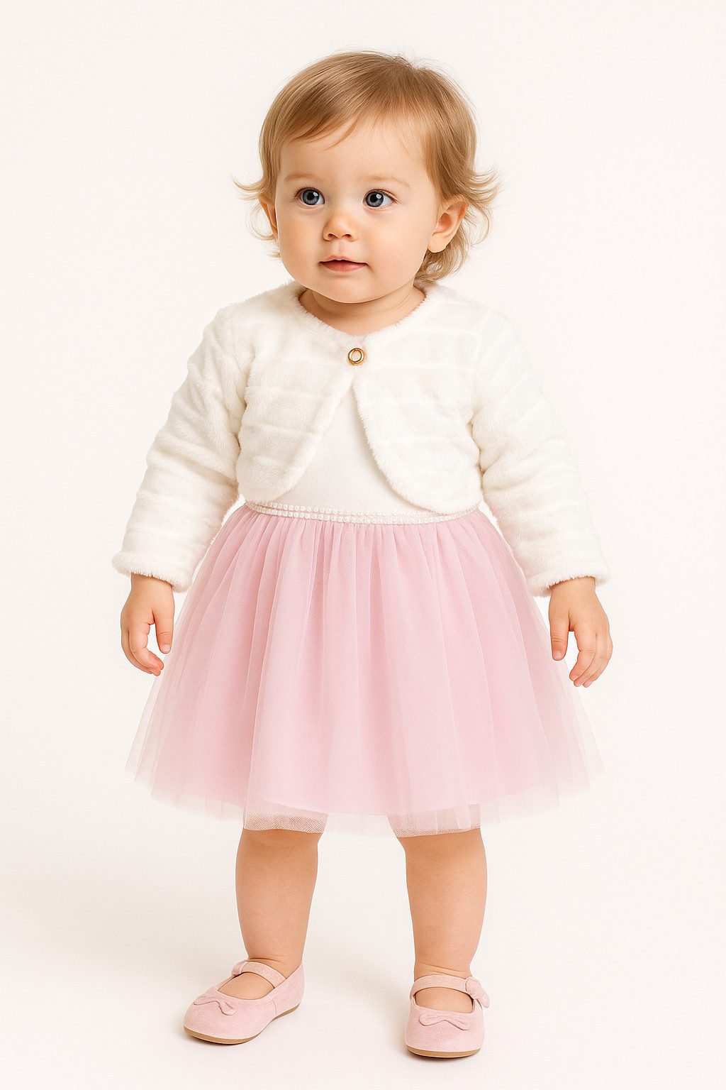 Lorey Medtec Taufkleid Prinzessin Kleid mit Jäckchen, Party Kleid, 100% Baumwolle, Weiß/Rosa (Kleid + Jacke) Spitze, Tüll