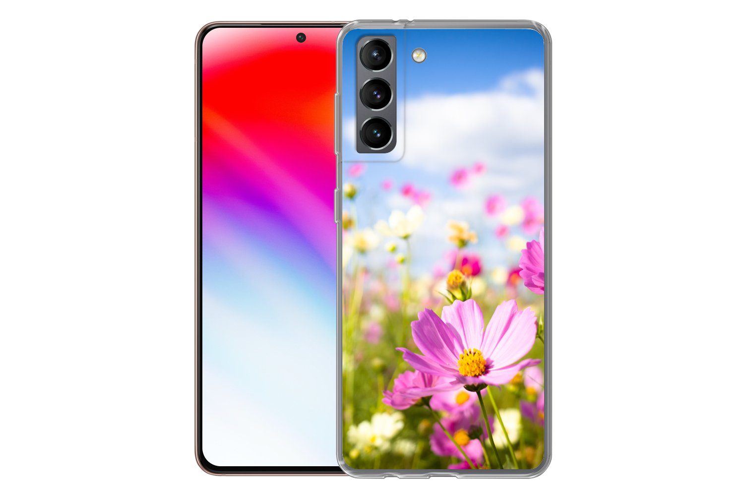 MuchoWow Handyhülle für Samsung Galaxy S21 Blumen - Wiese - Lila - Gras - Weiß - Wolken -, Phone Case, Silikon, Schutzhülle Dünn