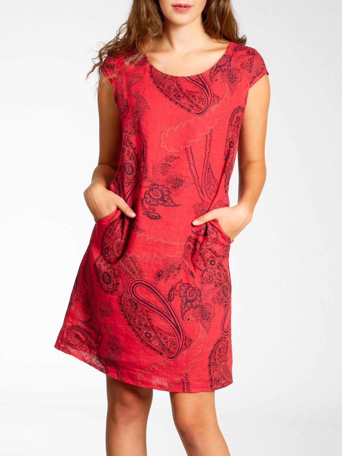 Caspar Sommerkleid SKL022 Damen Sommer Leinenkleid mit Paisley Print bis Größe 50 Luftig leicht, figurumspielende Form, mit seitlichem Jersey-Einsatz