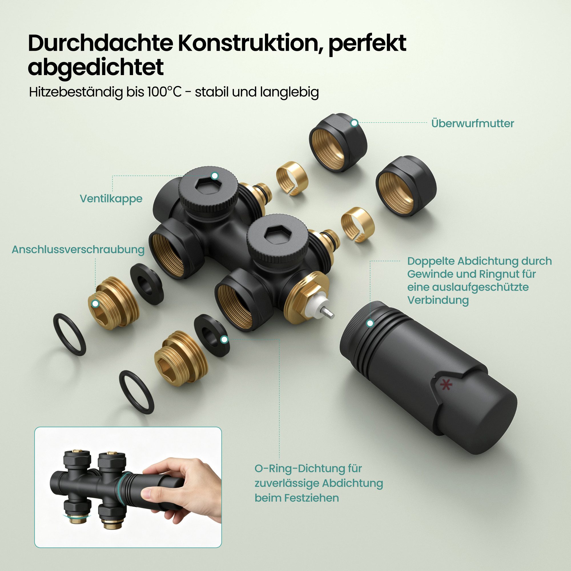 Mai & Mai Heizkörperthermostat Multiblock mit Thermostat für Heizkörper Ventilanschluss Ventil03, Eck- und Durchgangsform,Messing-Ventilkörper mit ABS-Thermostatkopf