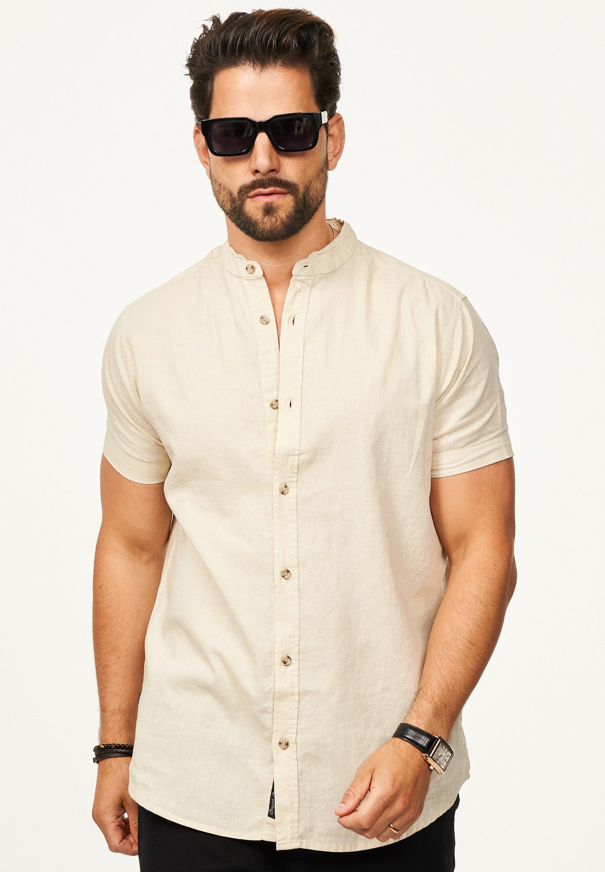 behype Kurzarmhemd als Sommerhemd aus Leinen im Regular-Fit Herren Leinenhemd Freizeithemd mit Stehkragen