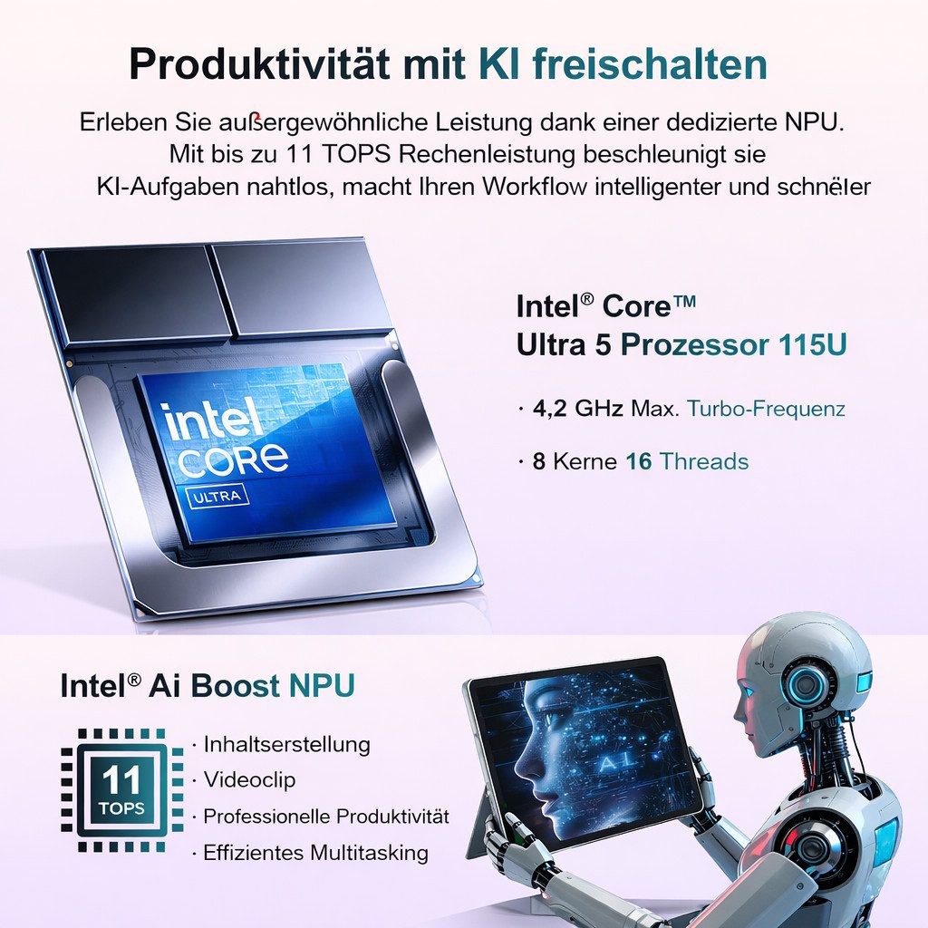 Ninkear 13” Laptop IPS Intel Core Ultra 5 115U, LPDDR5 16GB RAM + 1TB M.2 SSD Convertible Notebook (Intel Intel Core Ultra 5 Processor 115U, Intel® Graphics, 16 GB, 1024 GB SSD, Intel Grafik mit Eingabestift WIFI 6.0, Bluetooth 5.2,QWERTY-Tastatur)