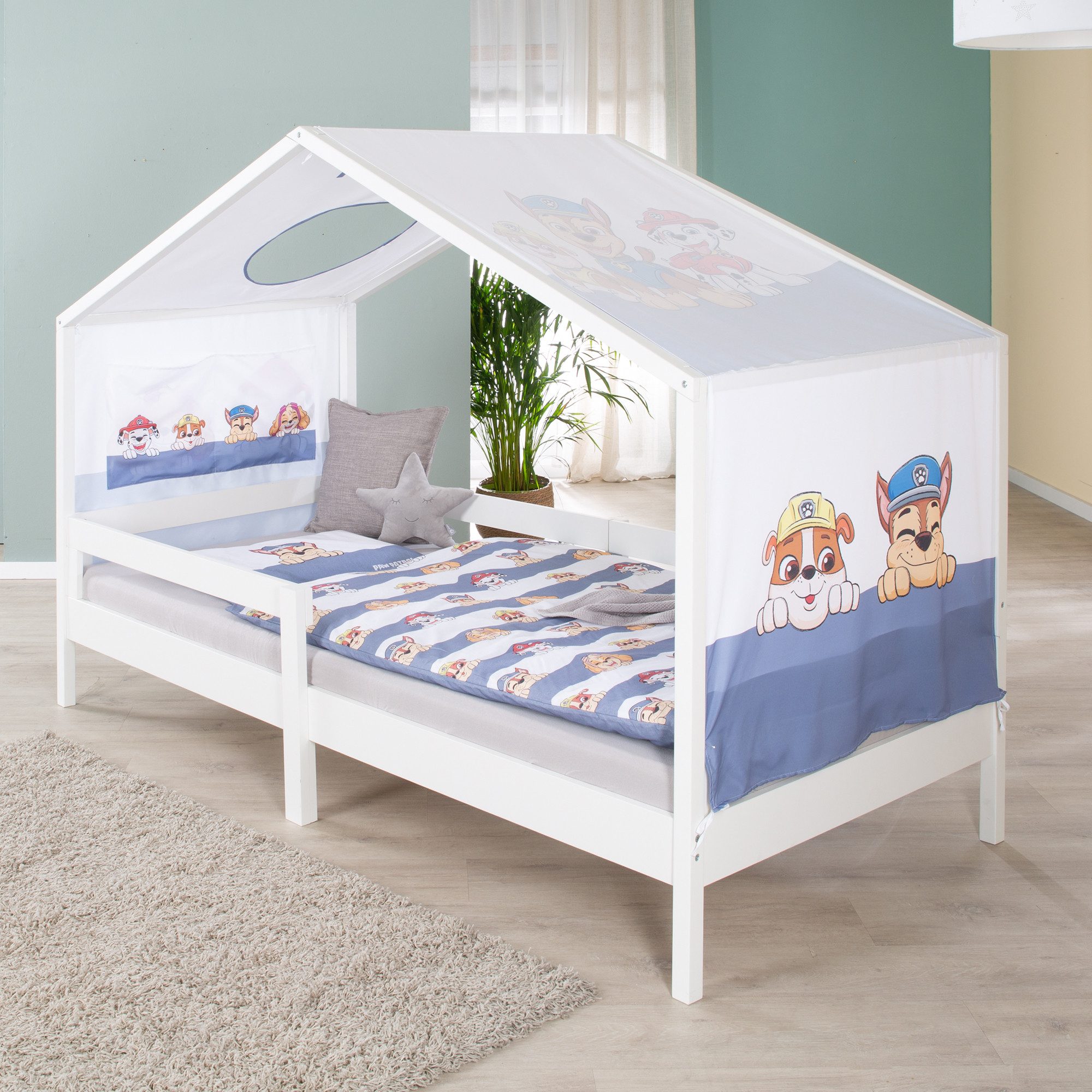 roba® Hausbett 90 x 200 cm - Kinderbett & Jugendbett - Holz weiß lackiert, Integrierter Rausfallschutz - Schlaf- und Spielplatz für Kinder
